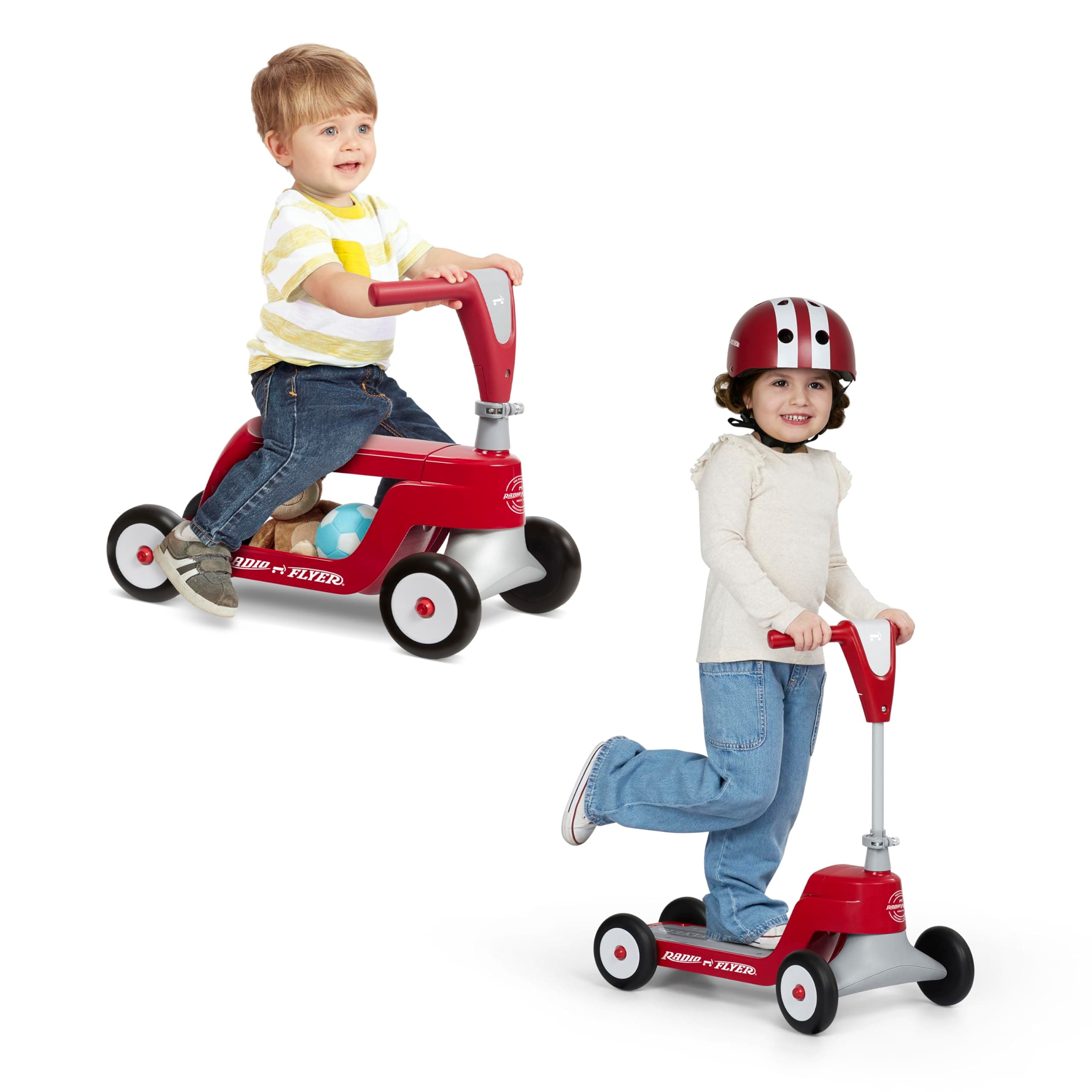Radio Flyer Scoot 2 Scooter, Blue/Red/Pink, for Kids Ages 1-4, Ride On Toy or 4-Wheel Kids Scooter, Durable Wheels and Frame, Converts Easily with Flip Deck, Toddler Ride On Toys (Amazon Exclusive)