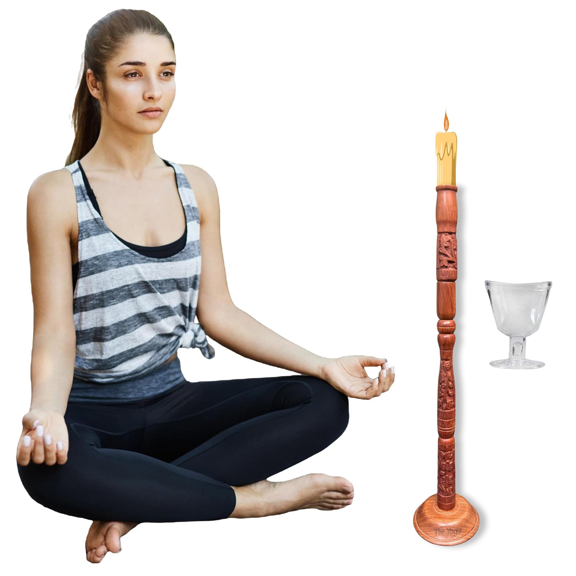 The Yogis Wooden Yoga Trataka Candle Stand for Opening Third Eye Meditation with 1 Eye Wash Cup, Brown