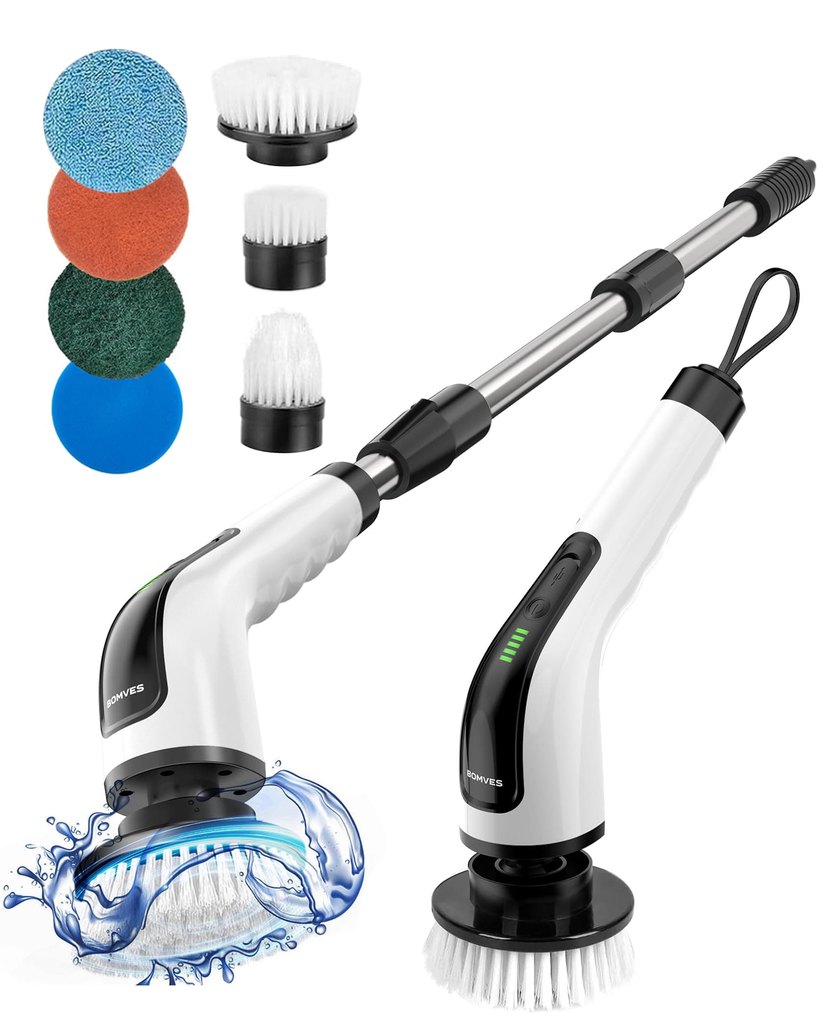 Cordless Electric Spin Scrubber, Electric Cleaning Brush with 8 Replacement Brush Heads, 90Mins Working Time, 3 Adjustable Handle, 2 Adjustable Speeds for Bathroom Kitchen Bathtub Glass Car