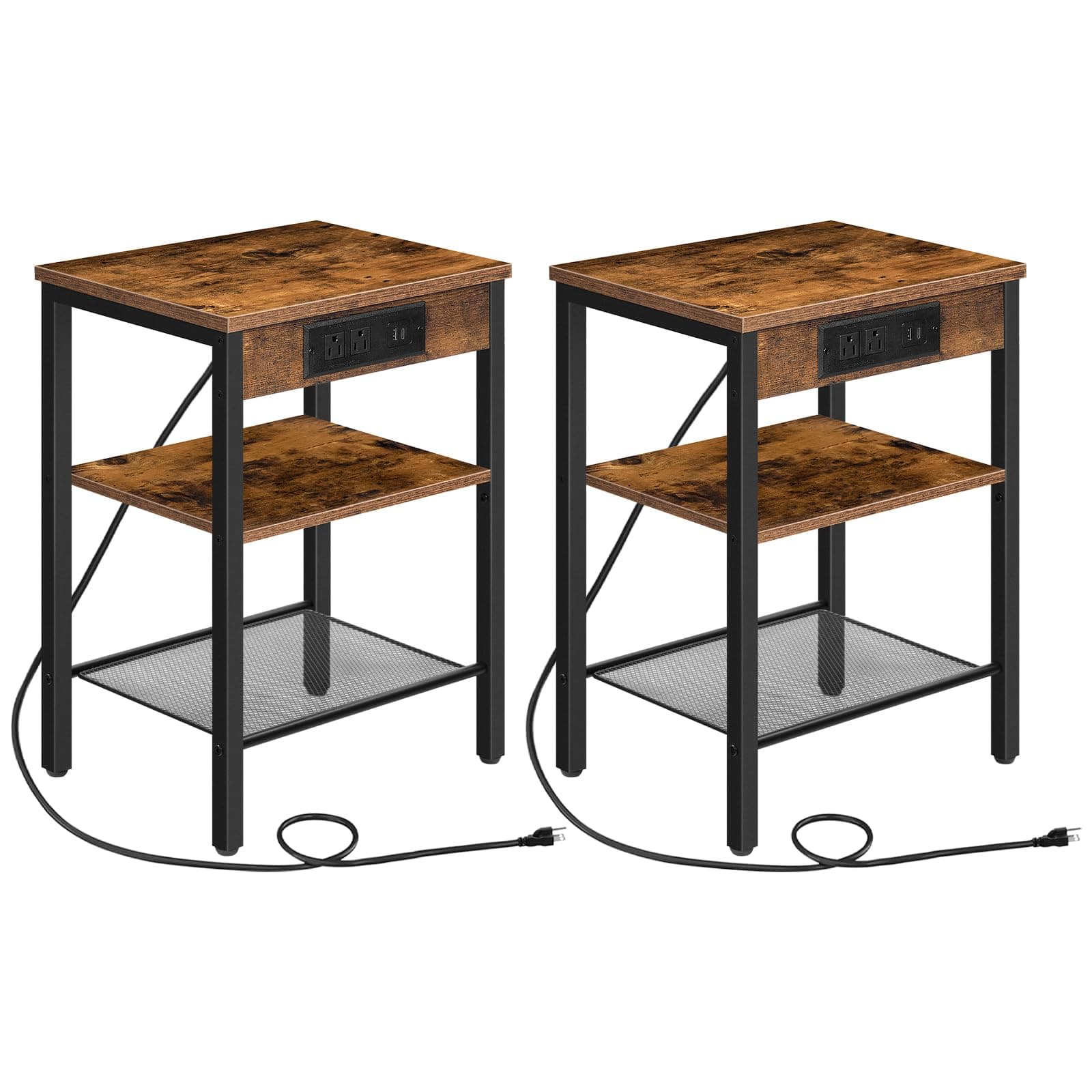 Side Tables Set of 2 with Charging Station and USB Port, Small End Tables for Small Space, 3-Tier Nightstands with Adjustable Shelf, for Living Room, Bedroom, Rustic Brown BF112BZP201