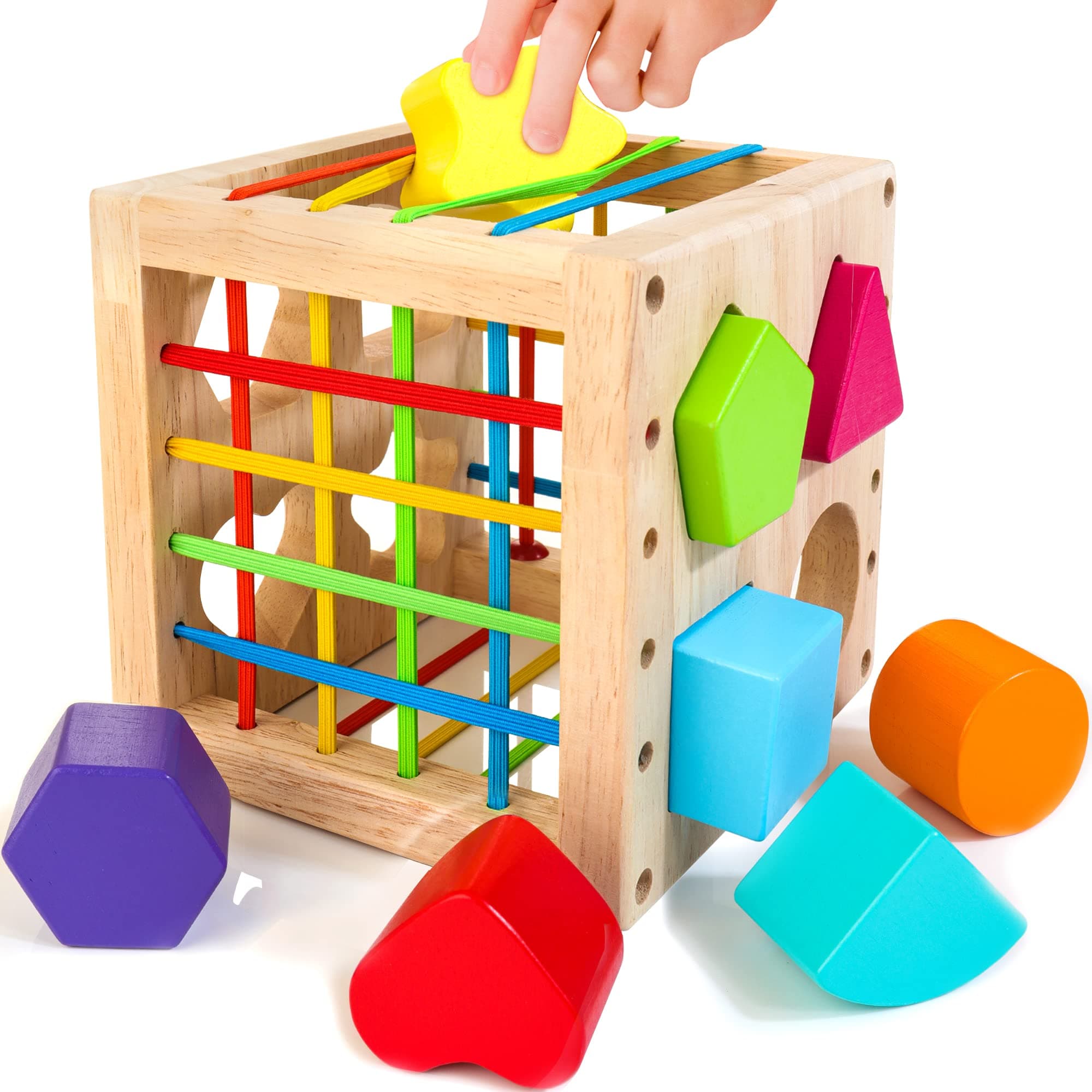 Wooden Shape Sorter Cube, Montessori Educational Toy Set for 1 Year Old, 8pcs Colorful Multisensory Shapes Activity Cube Baby Toys, Developmental Learning Toy Gift for Baby Girls Boys 6-12-18 Months