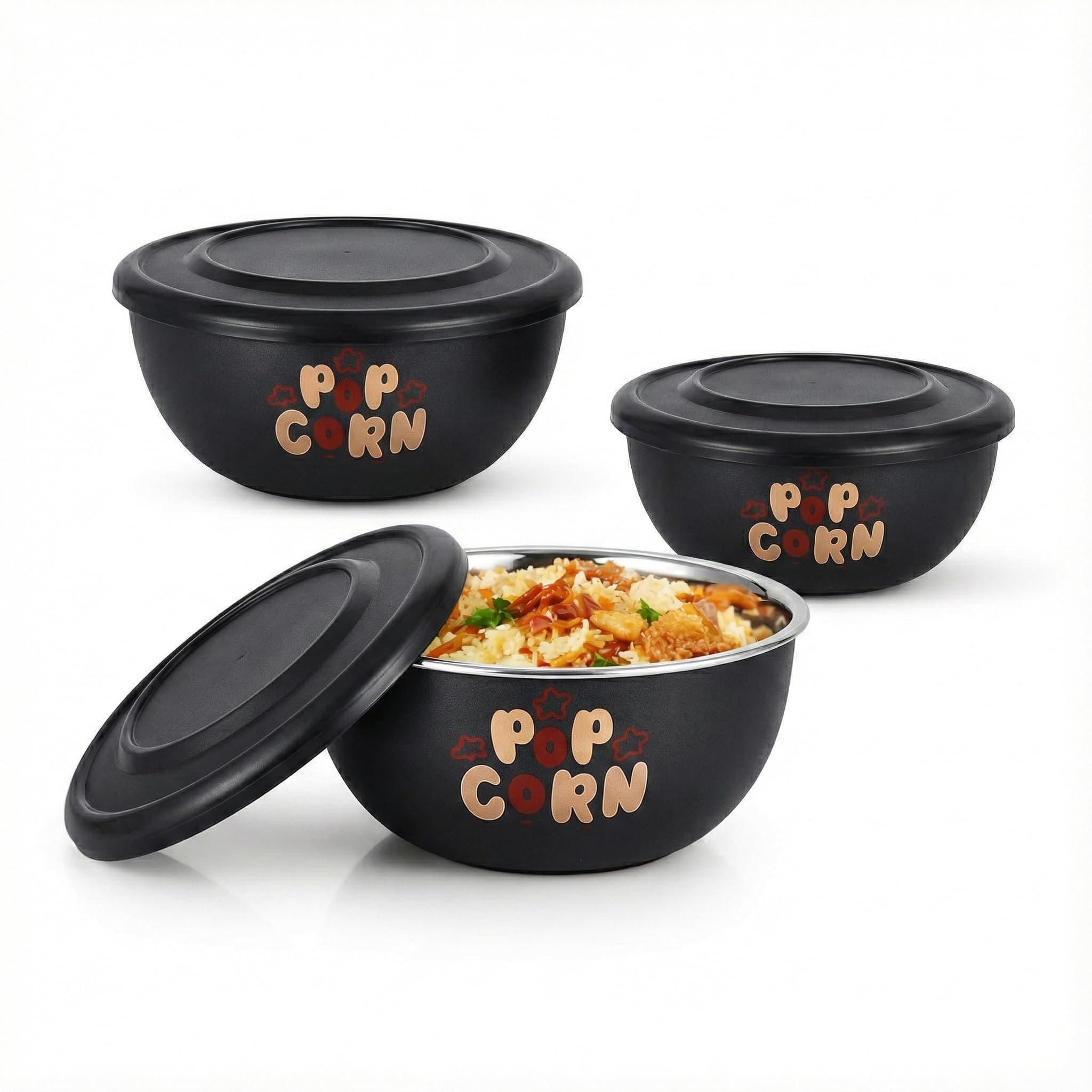 - Zaib Microwave Safe Stainless Steel Bowl Set with Lid | Steel Inside Plastic Outside | Stackable Bowls for Snack Serving, Food Storage & Reheating | Multipurpose Kitchen Bowls (Classic Popcorn)