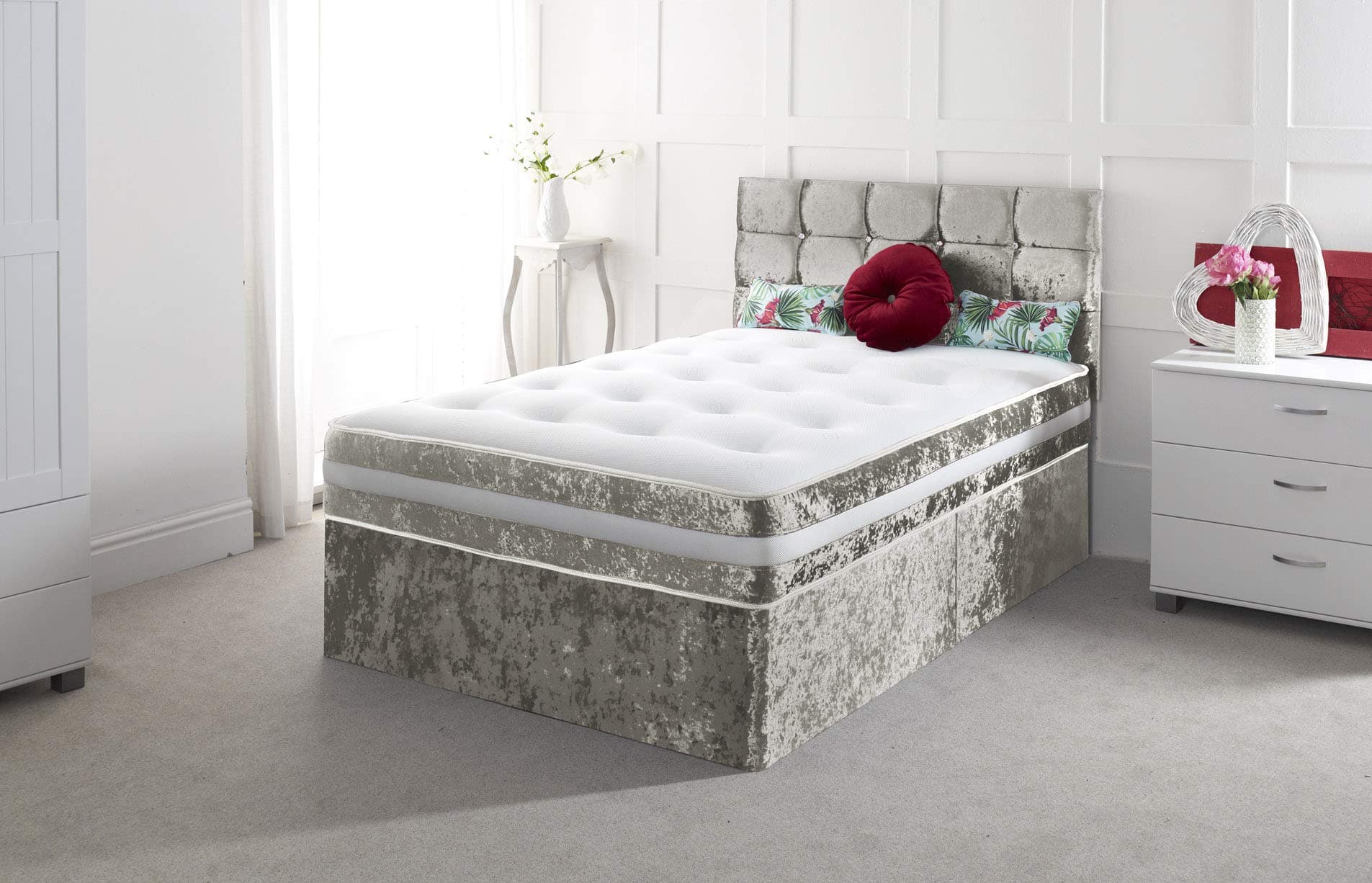 Crushed Velvet Divan Bed Set with Mattress and Free HEADBOARD!!!!! (Silver Crush, 3FT Single)