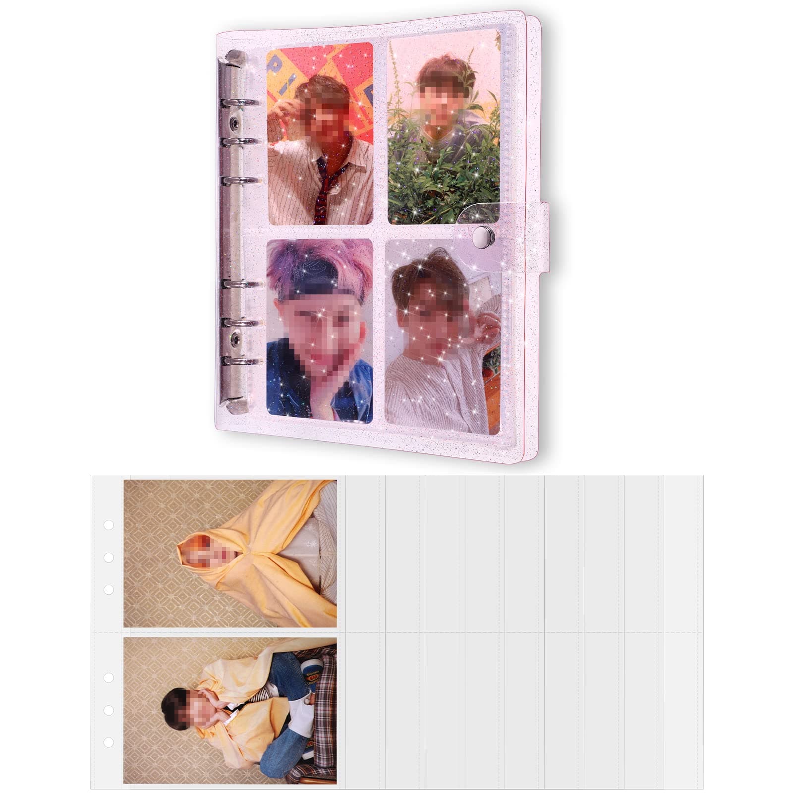 3 Inch 200 Pockets Photocard Binder Kpop Portable Photo Album Transparent Plus 5 Inch 40 Pockets Photo Pages Jelly 6 Ring Binder Cover for Albums Business Cards Postcards Picture Storage (Purple)