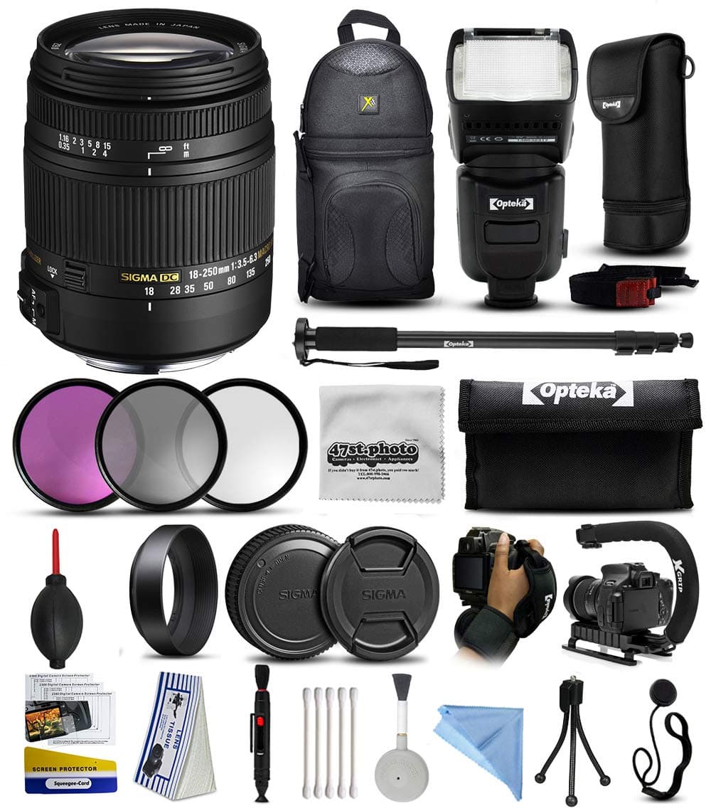 Sigma 18-250mm f3.5-6.3 DC Macro OS HSM with 3pcs Filter Set, 72" Monopod, Backpack, I-TTL Dedicated Flash, 10pcs Cleaning Kit, Microfiber Cloth and Accessory Bundle for Nikon DSLR Cameras (883306)
