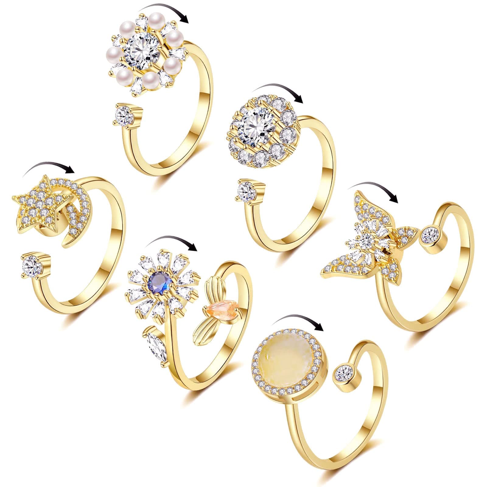 6Pcs 14K Gold Plated Anxiety Rings for Women, Adjustable Spinner Anxiety Ring, CZ Butterfly Bee Moon Star Fidget Rings for Anxiety Stress Relief for Women