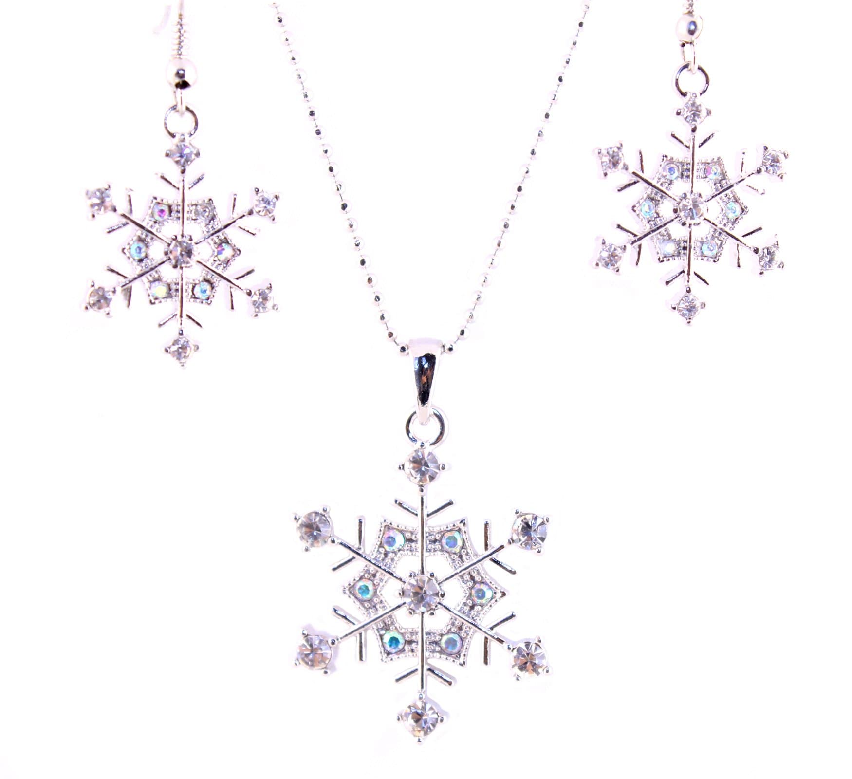 Silver Tone Cz Bridesmaid Snowflake Necklace with Earrings Set
