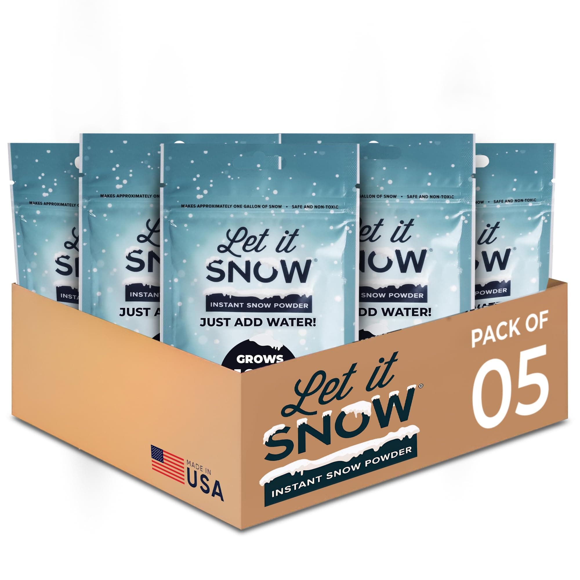 Let it Snow Instant Fake Snow Powder - Made in the USA, Safe & Easy to Use Artificial Snow for Slime, Holiday Decorations, Photography & Sensory Play, 5 Packs, Makes 5 Gallons