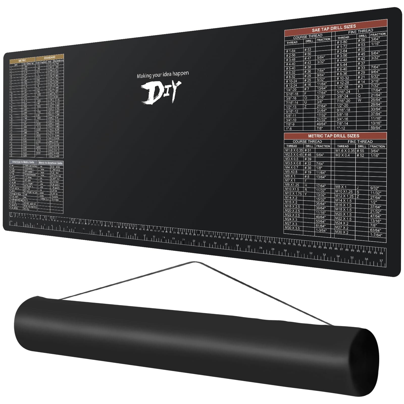 39.5”X18” DIY Worktable Mat Large Work Bench Mat Workshop Mat Workbench Cover with SAE/Metric Ruler Standard Metric Conversion Charts Tap Drill Sizes Fit for DIYers Carpenter Repairman