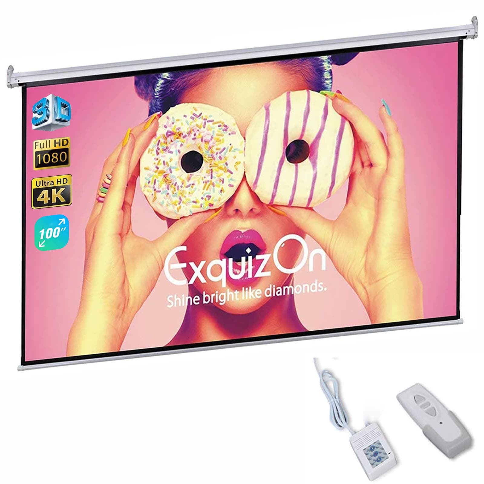 Motorized Projector Screen with Remote Control, ExquizOn Ceiling Wall Portable Projector Screen 100 inch 16:9 1.2 Gain AUTO Electric HD 4K Indoor Outdoor for Family Home Theater and Office
