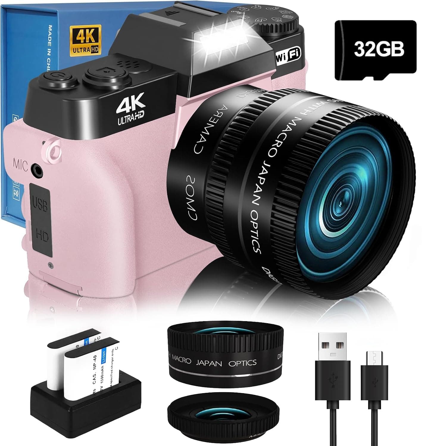 2024 Upgrade VJIANGER Digital Camera for Photography 4K 56MP Vlogging Camera for YouTube with WiFi, 180 Degree Flip Screen, 16X Digital Zoom, 52mm Lens, 2 Batteries, 32GB TF Card(W02-Pink35)