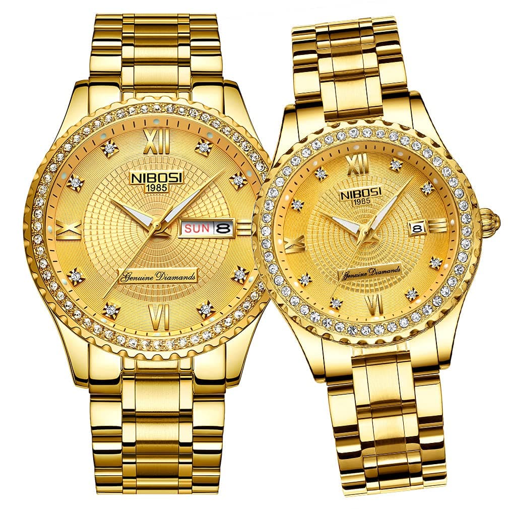 Watches for Couples Diamond Luxury Men and Women His and Hers Pair Watch Set Husband Wife Valentines Matching Wrist Watch Wedding Gifts Day Date Waterproof Quartz Analog