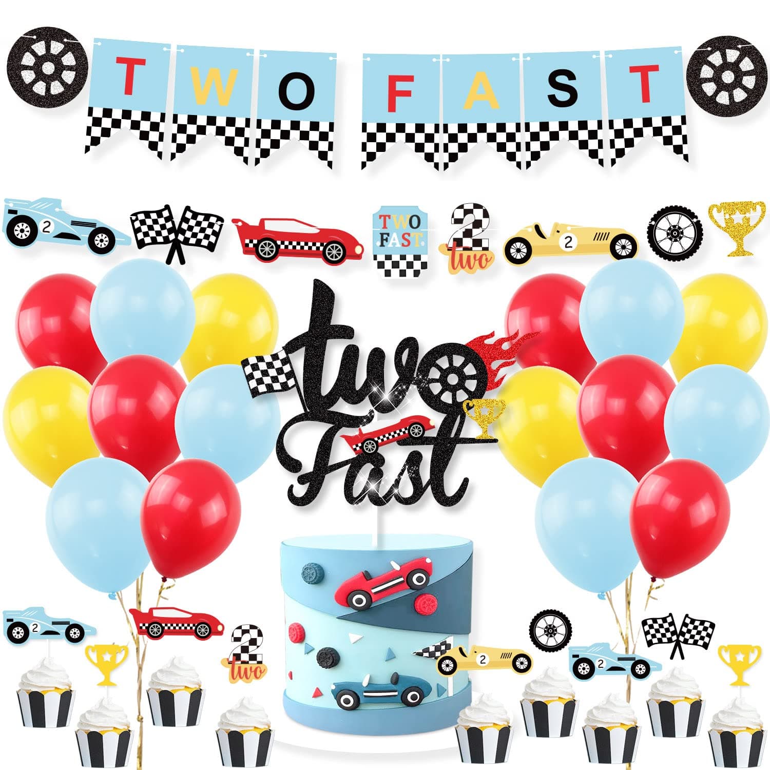 Race Car Two Fast Party Decorations Supplies Racing Theme 2nd Birthday Party Banner Race Car Second Birthday Cake Topper Checkered Flags Balloons for Let's go Racing Theme Sports Event Party Supplies