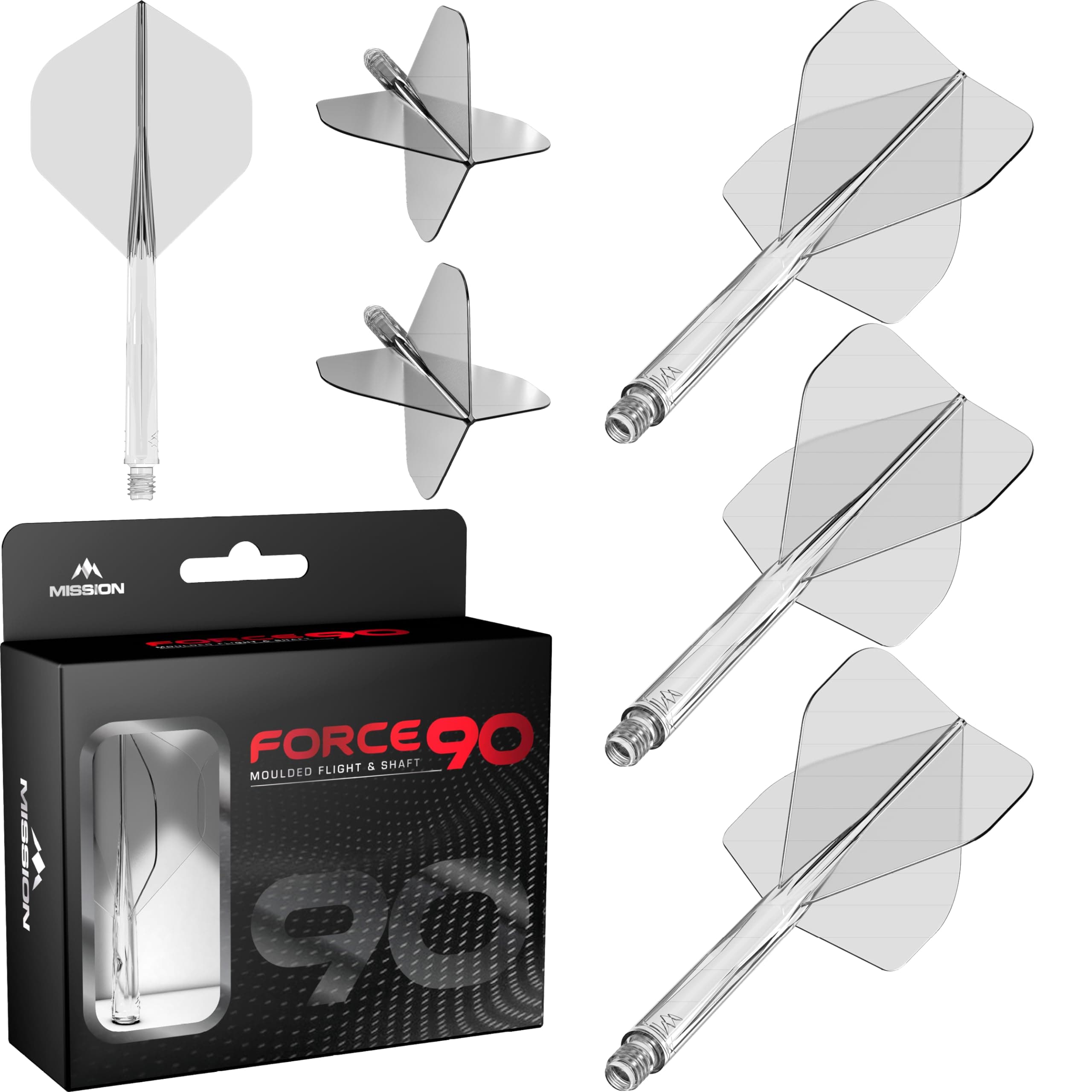 Mission Darts Force 90 | Integrated Precision Moulded Dart Flight And Shaft System, Pack of 3 Professional Durable 2-In-1 Combined Dart Flights And Stems | Standard No.2 (Clear, Short)