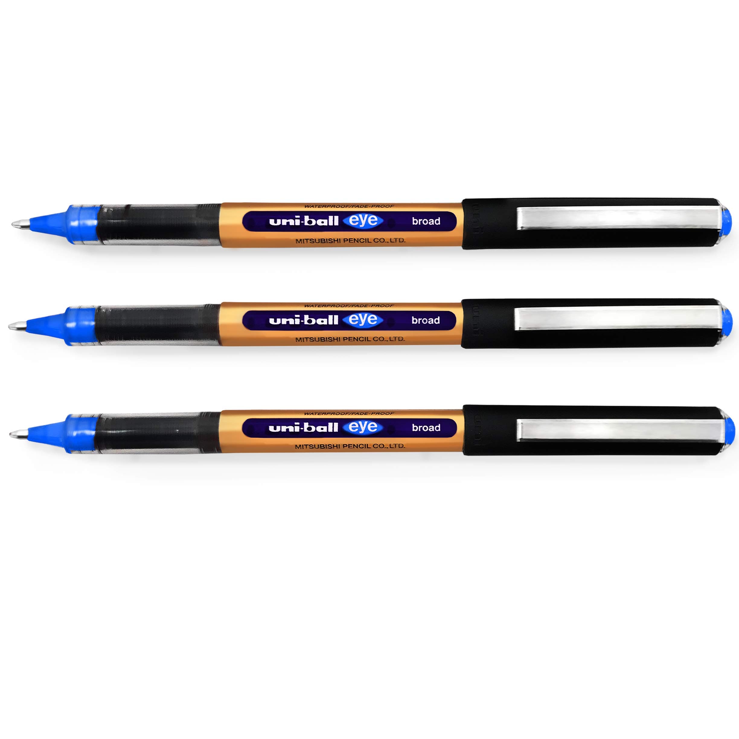 Uni-Ball UB-150-10 Eye On Point Stay Gold Broad Ballpoint Blue Pens. Premium 1.0mm Rollerball Tip for Super Smooth Handwriting. Fade and Water Resistant Liquid Uni Super Ink. Pack of 3