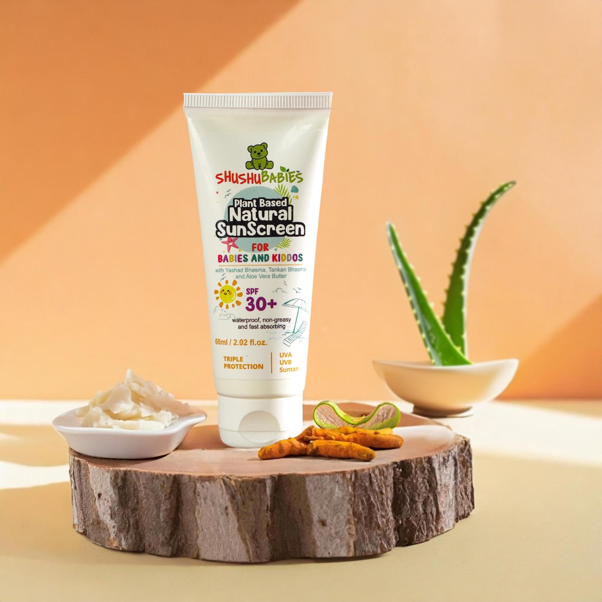 ShuShu Babies Sunscreen for All Skin Type For Babies&Kids(Spf 30+) Plant-Based&Natural(0-12 Years) Moisturizing Lotion|Uva/Uvb Protection|Non-Sticky&Water-Resistant|No Chemicals|60ml (Pack Of 1)