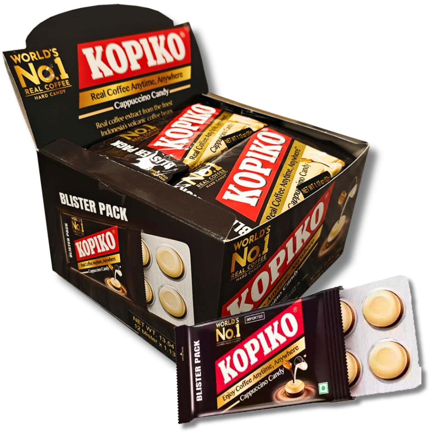 Cappuccino Candy Blister Pack Bulk Box - World's No. 1 Real Coffee Hard Candy - Real Coffee Anytime, Anywhere (Pack of 12, 1.13oz each)