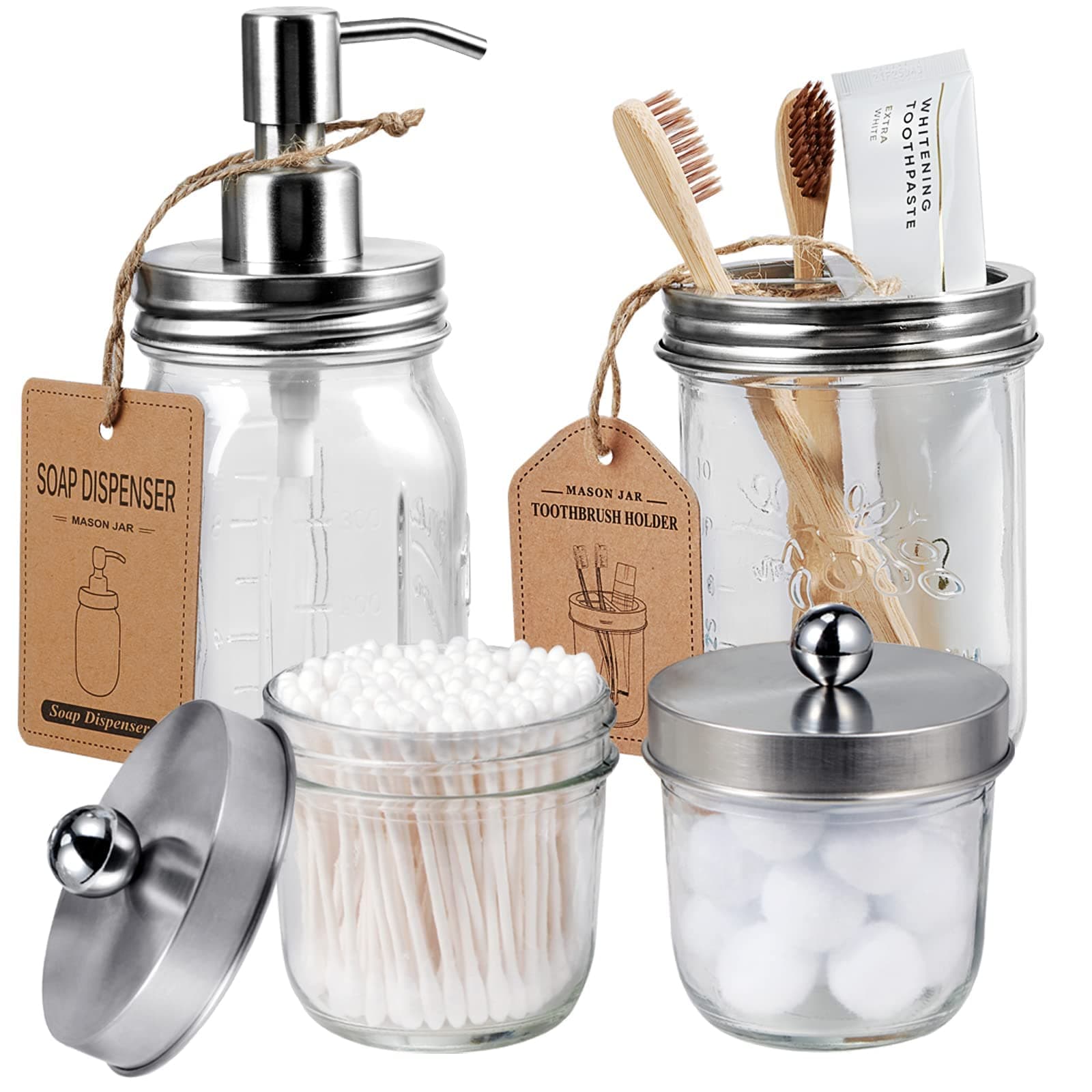 Amolliar Mason Jar Bathroom Accessories Set(4 Pack) - Lotion Soap Dispenser&Qtip Holder Set&Toothbrush Holder-Rustic Farmhouse Decor Apothecary Jar Bathroom Countertop,Vanity Organize (Brushed Nickel)