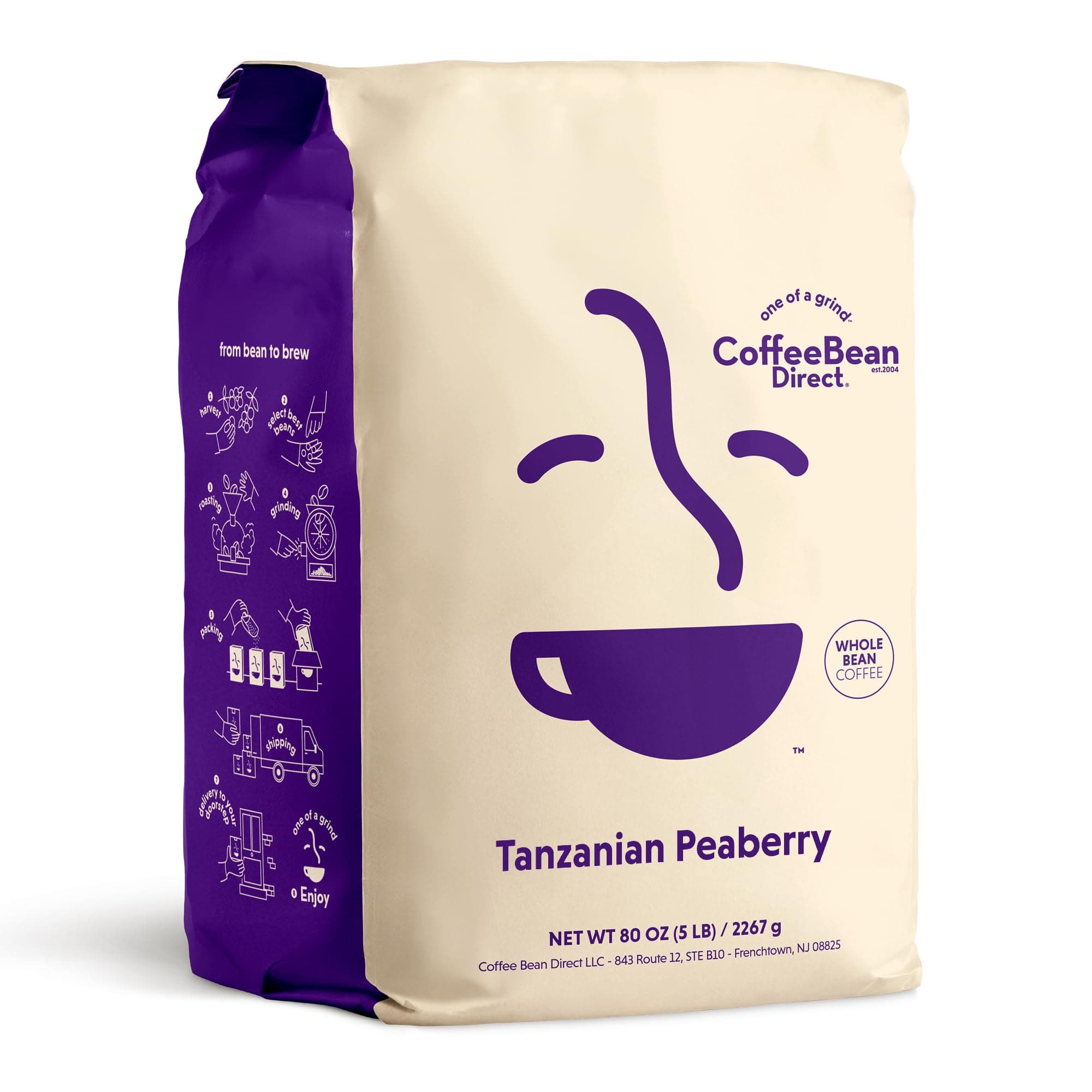 Coffee Bean Direct Tanzanian Peaberry, Whole Bean Coffee, Single Origin Arabica Coffee, Light Roast, 5 Pound Bag (Pack of 1)