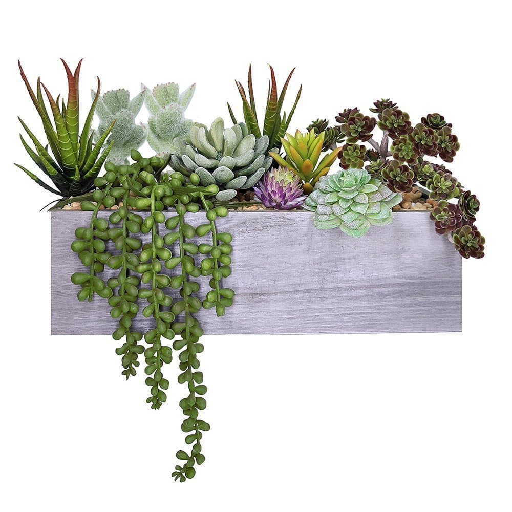 Supla Artificial Pre-Made Succulent Wood Planter Arrangement 10 Pcs Assorted Fake Succulent Plants in Rectangular Wooden Planter Box Faux Potted Succulents Centrepiece Succulent Garden