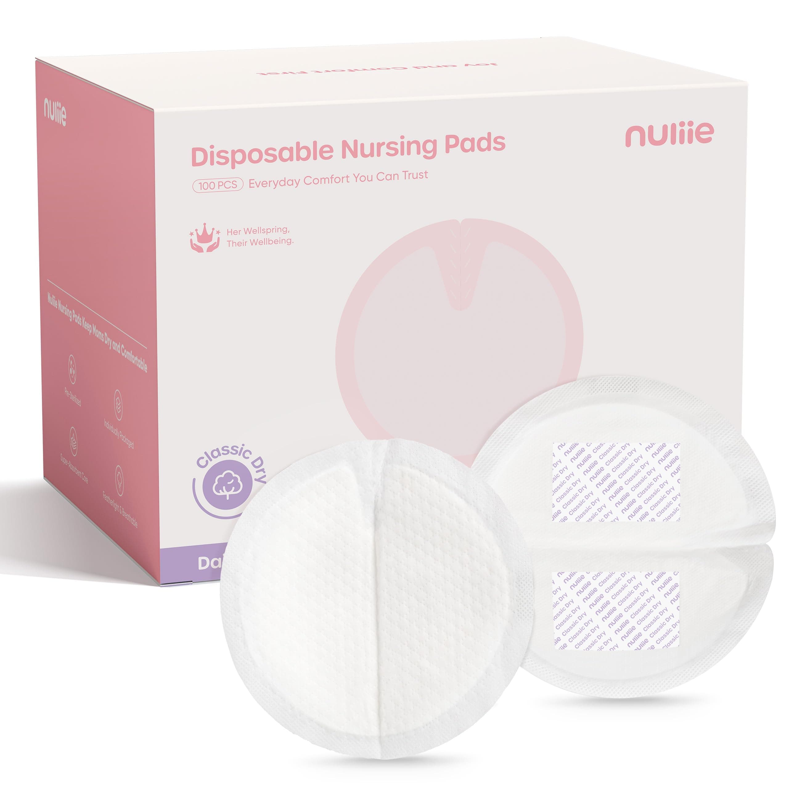 Nuliie Leakproof Ultra-Thin Disposable Breast Pads, Super Absorbent & Breathable Nursing Pads, Featherlight & Discreet Fit for Maternity & Breastfeeding, Individually Wrapped,100 Pack