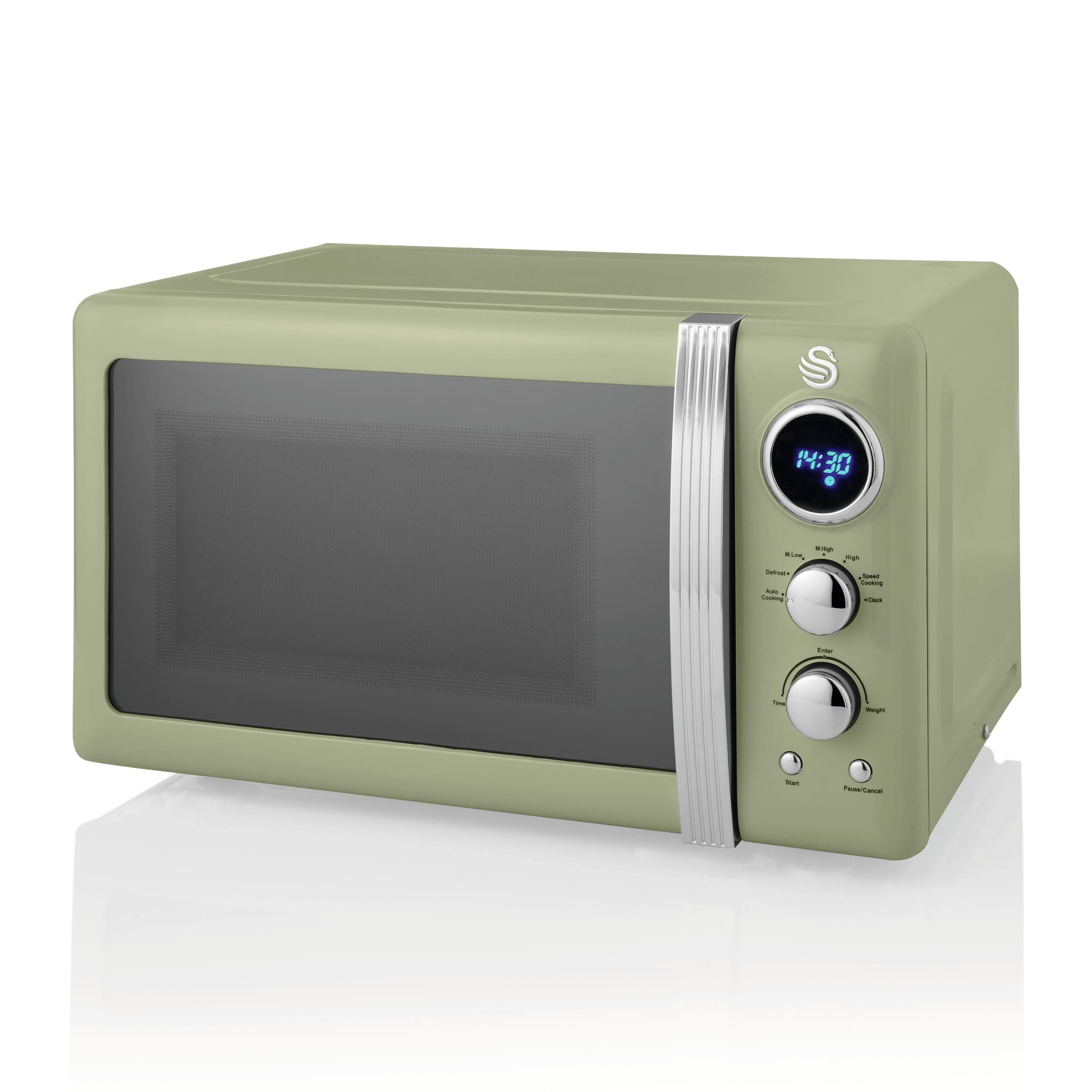 Swan SM22030LGN Retro LED Digital Microwave with Glass Turntable, 5 Power levels & Defrost Setting, 20L, 800W, Green