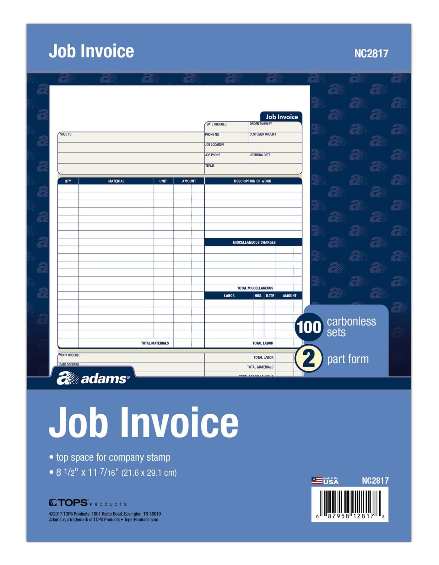 Job Invoice Unit Set, 8.5 x 11.44 Inch, 2-Part, Carbonless, 100-Pack, White (NC2817)