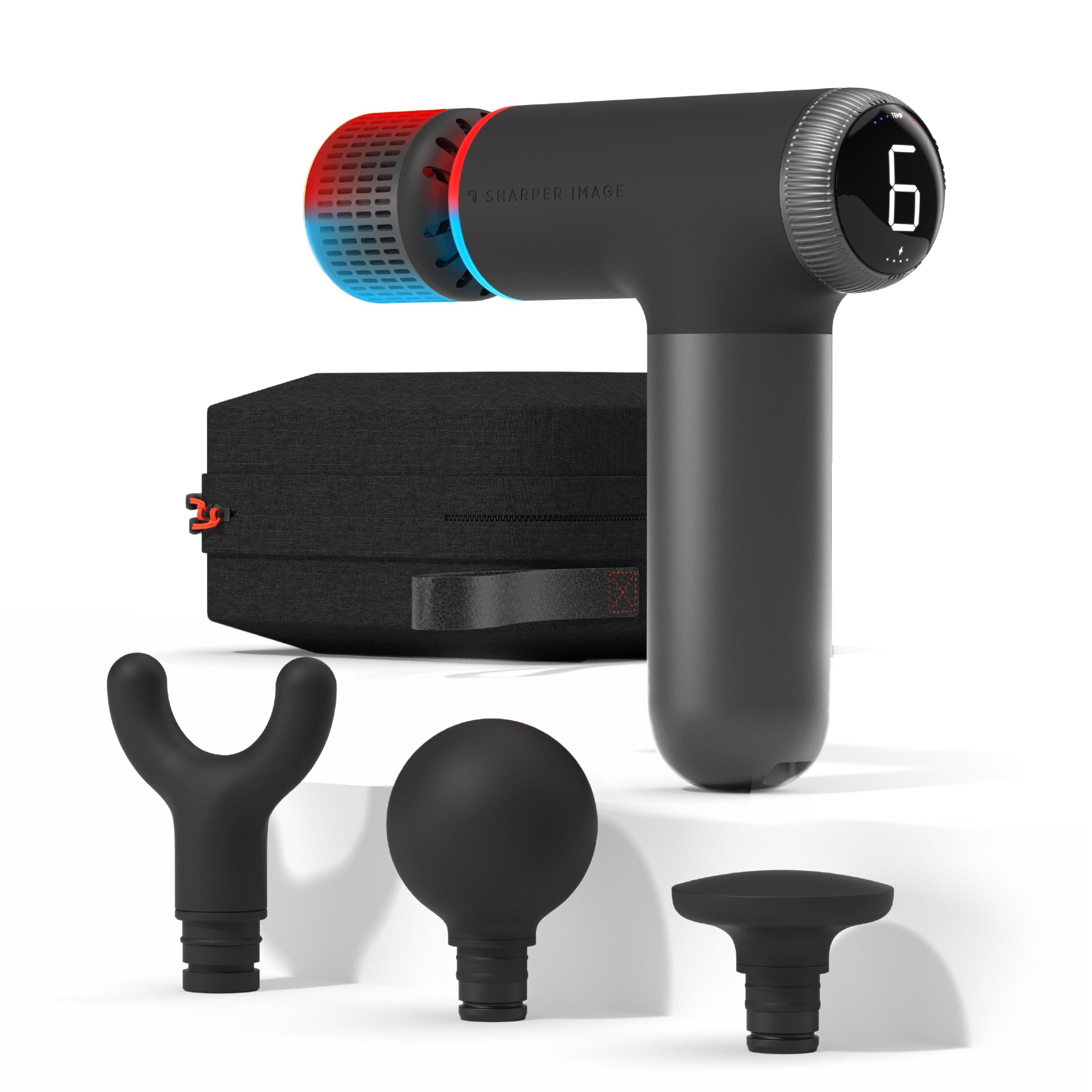 Sharper Image Powerboost Pro+ Compact Hot & Cold Percussion Massager, Dual Temperature Node for Hot and Cold Therapy, 6 Speeds, 4 Accessories, Portable Athlete Recovery