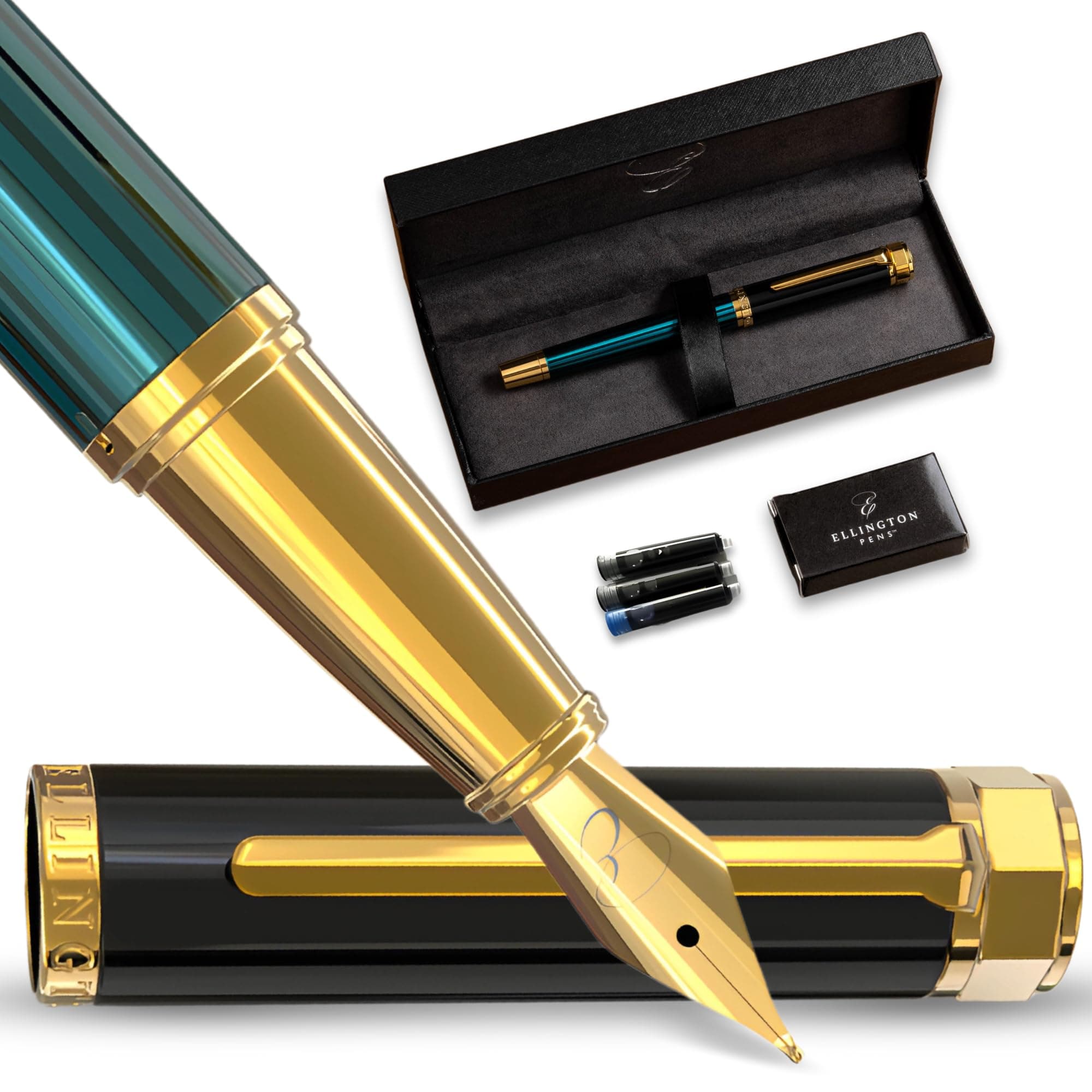 Ellington Pens Luxury Fountain Pen Set- Fountain Pens for Writing - Smooth Nib - Includes Refillable Ink Converter, 3 Ink Cartridges [2 Black & 1 Blue], Gift Box - Elegant Calligraphy