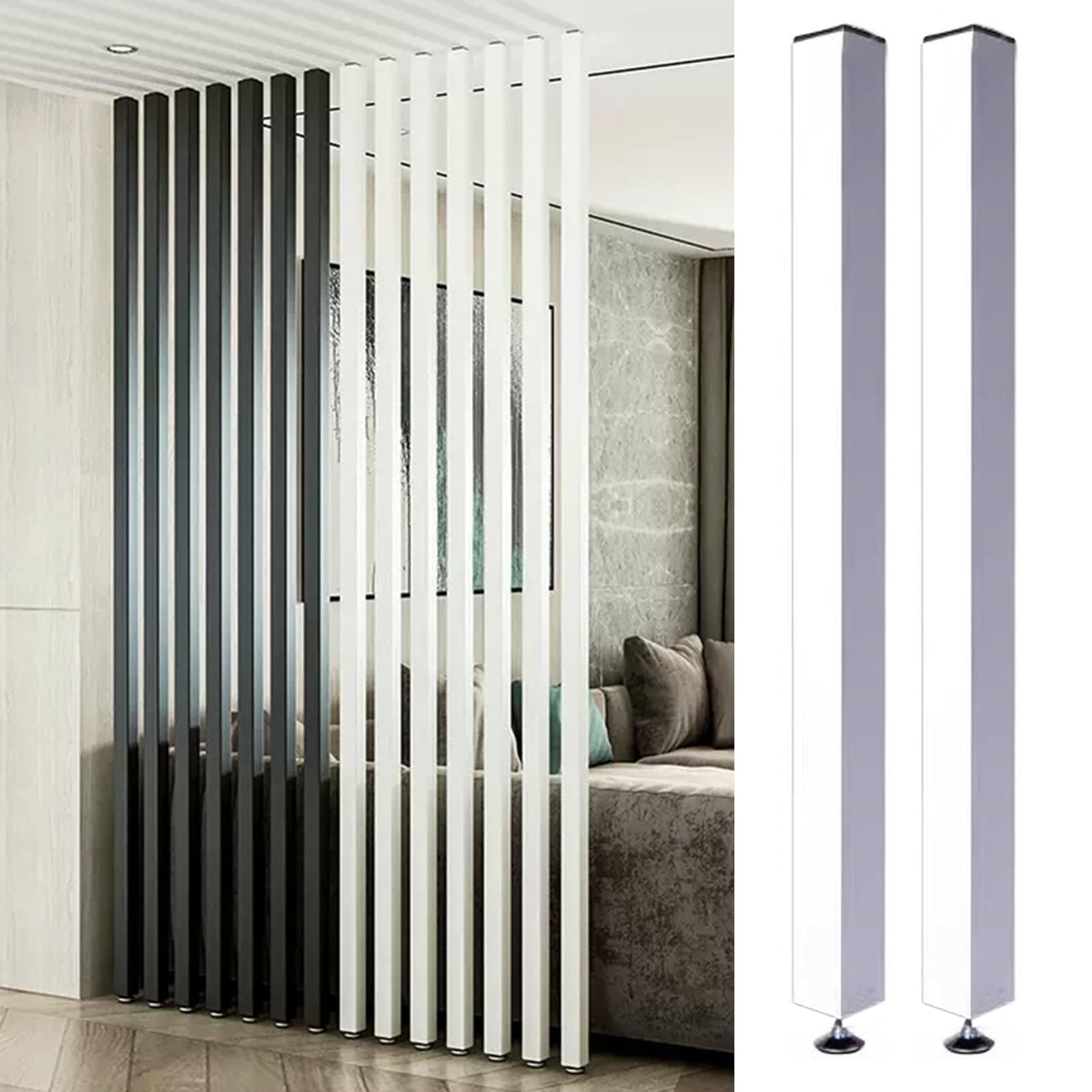 Living Room Floor to Ceiling Wall Post Partitions Screens, Wood Slat Room Divider Column with Adjustable Feet, Office Dividers Pillars 28 36 48 60 70 80 Inches High(White 2 Pack,190cm/74.8in/6.23ft)