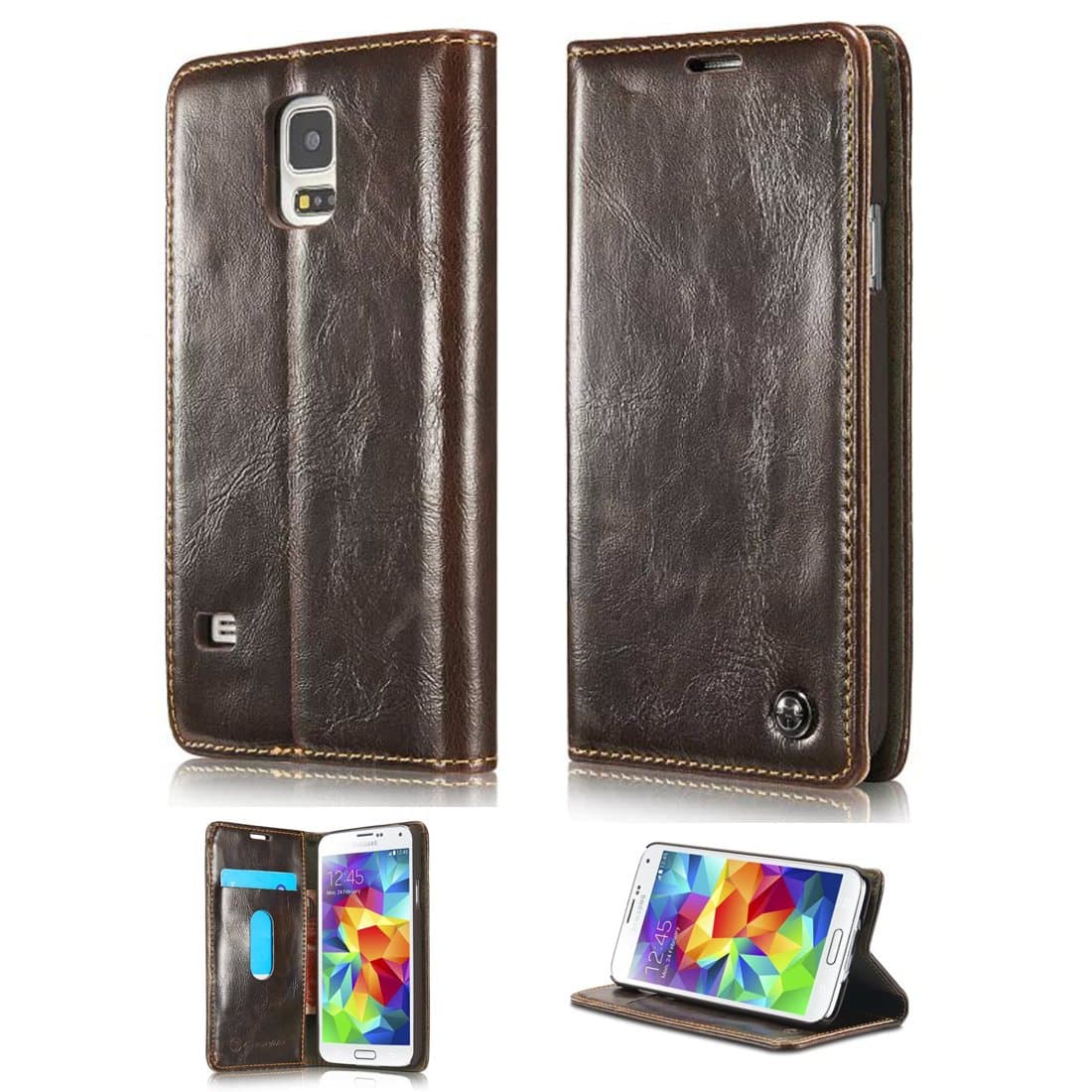 Galaxy S5 Dermis Wallet Folio case,KaLaBan Genuine Cowhide Leather Wallet Flip Cover Wallet Folio - Classic Leather Wallet Type Case with Magnetic suction wallet Case for Samsung Galaxy S5 (Brown)
