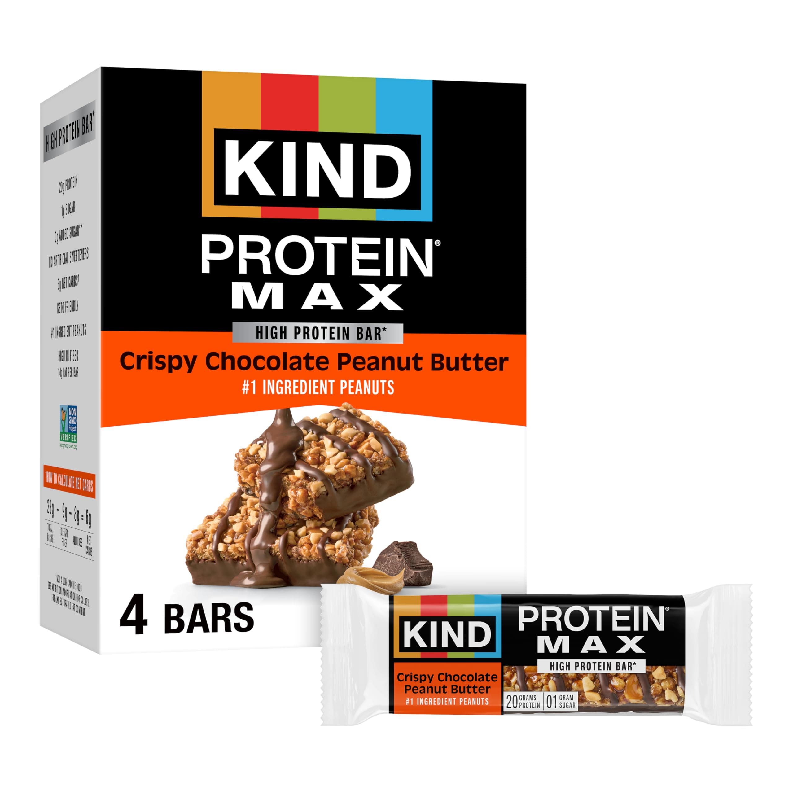 Protein MAX Crispy Chocolate Peanut Butter Snack Bars, 20g of Protein, Keto Friendly, 1g of Sugar Per Bar, Gluten Free, 4 Count Box