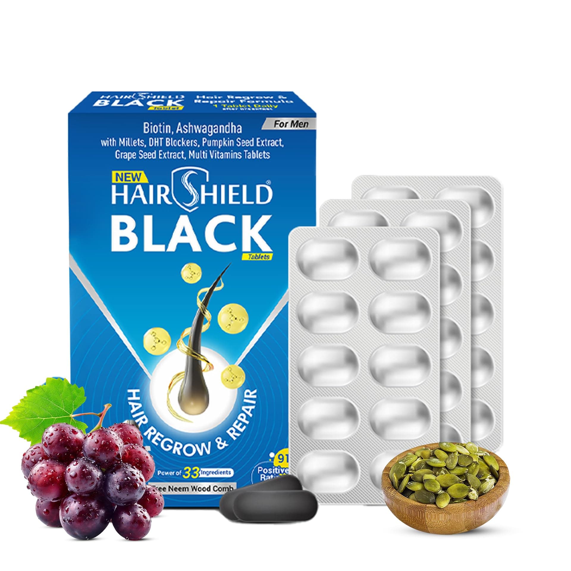 Hairshield Black Tablets for Men (3x10 Tab) | 30 Days Pack | Powered with 33 Ingredients including Biotin, Ashwagandha, Millets | Hair Regrow & Repair Formula with DHT Blockers | Free Neem Comb