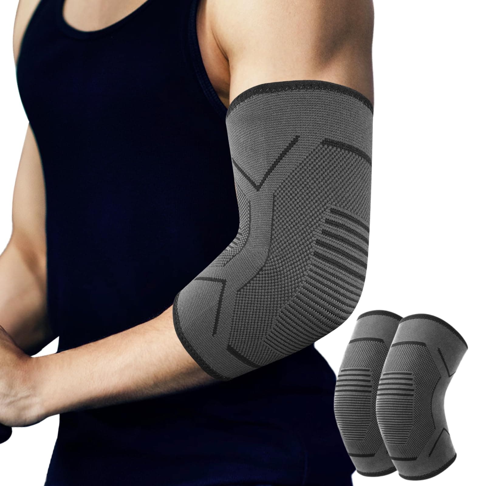 2 Pack Elbow Support for Men & Women, Elbow Brace Compression Sleeves Support for Tendonitis, Arthritis - Tennis Strap, Golfers, Sleeves for Weightlifting (L)