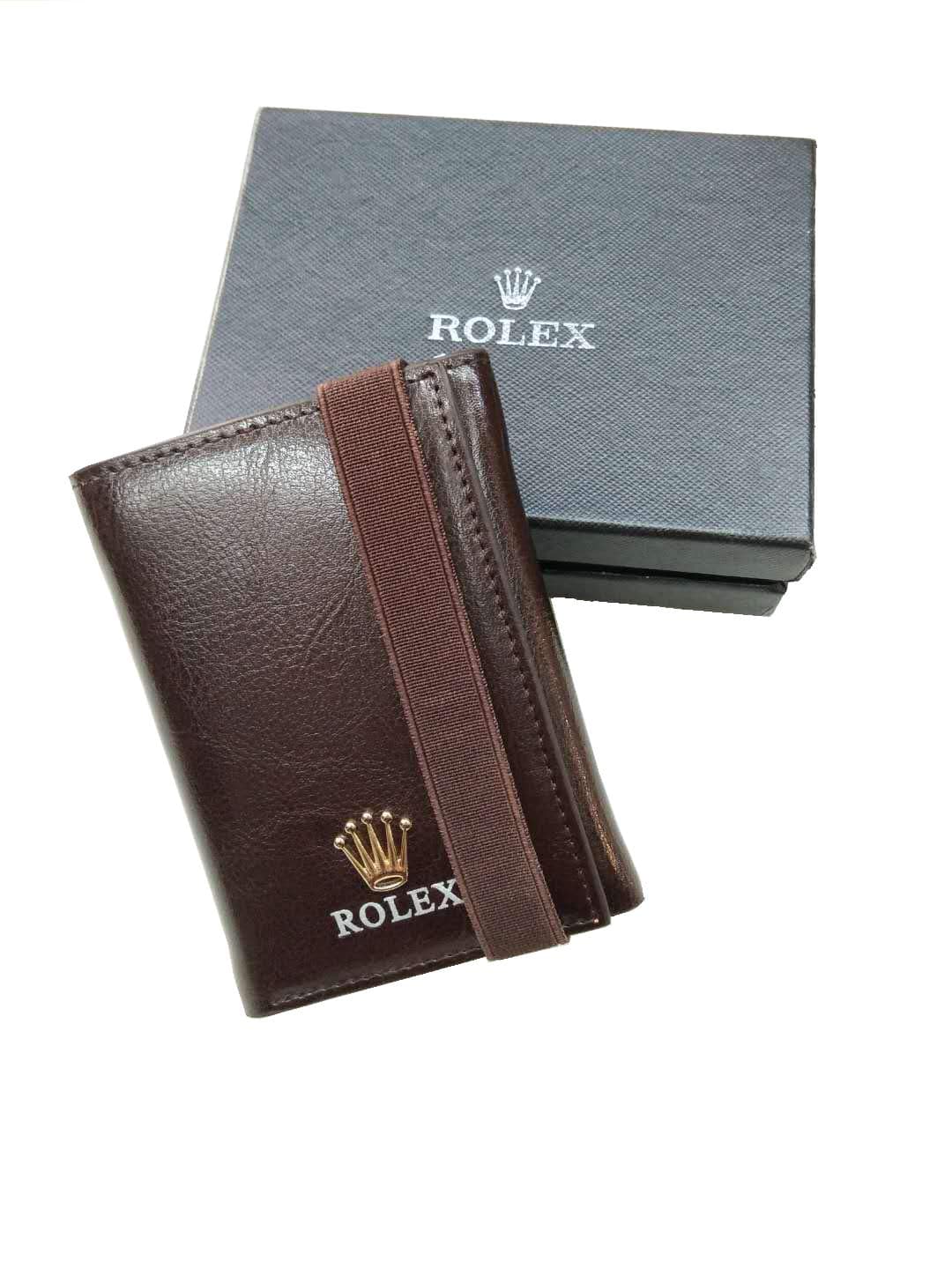 Rolex Genuine Leather 3 Folding Men's Wallet,with a beit Fixed Wallet (Brown)