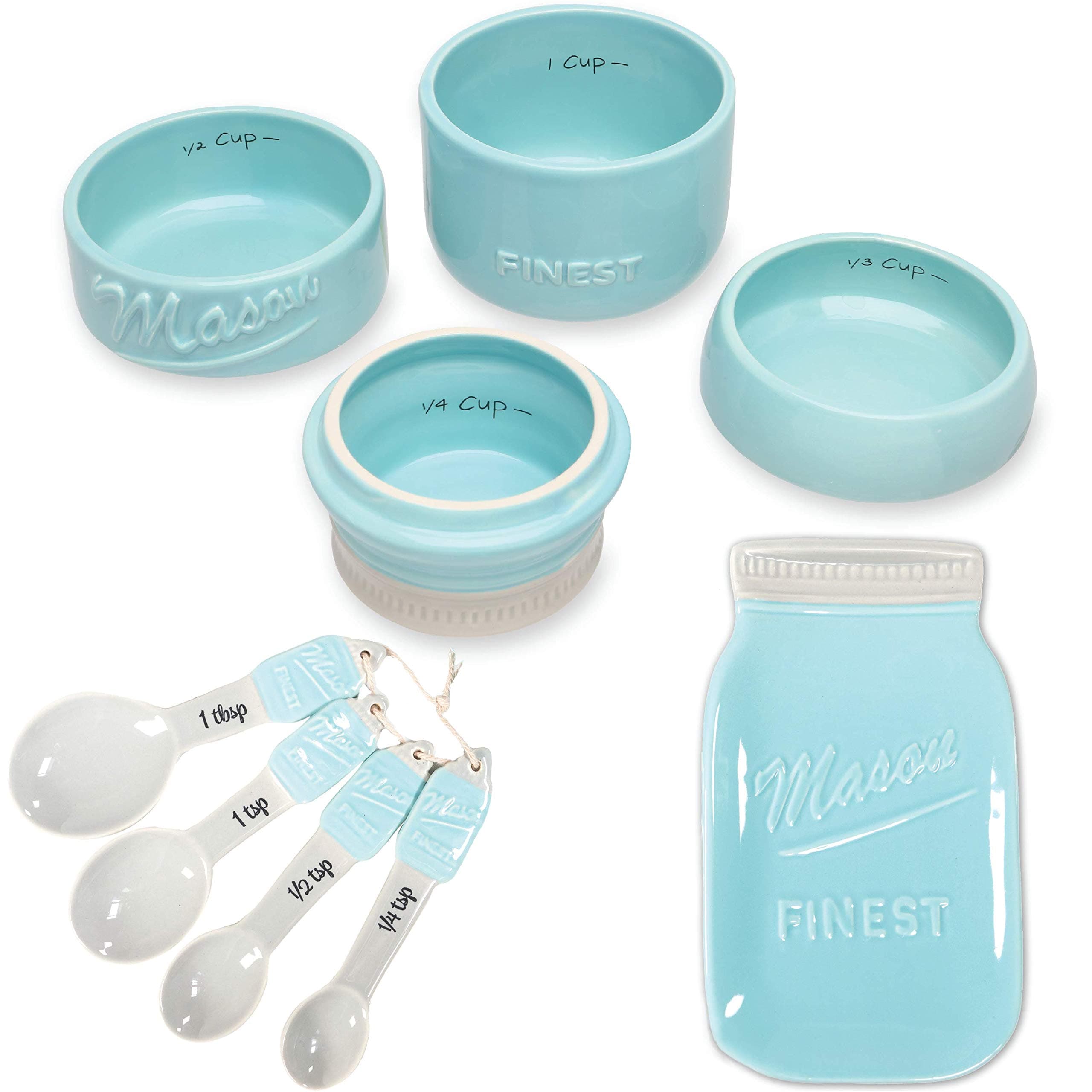 Mason Jar Kitchen Utensil Set - Includes Measuring Cups + Spoon Rest + Measuring Spoons (Blue)