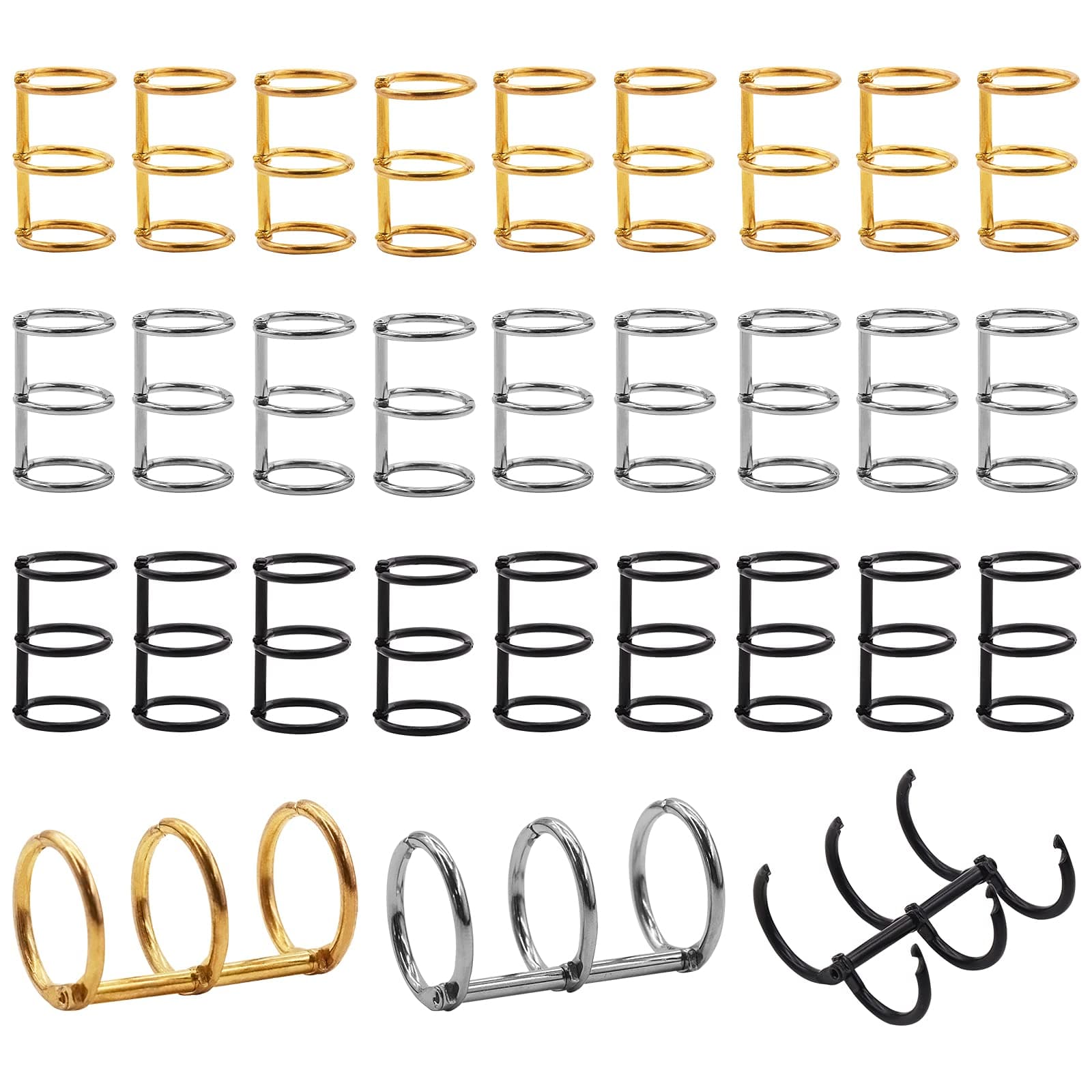 30Pcs 3 Ring Metal Loose Leaf Binders Book Rings Snap Split Hinged for Notebook, Diary, Photo Album, Binding Spines Combs, 20mm (Gold, Silver, Black)