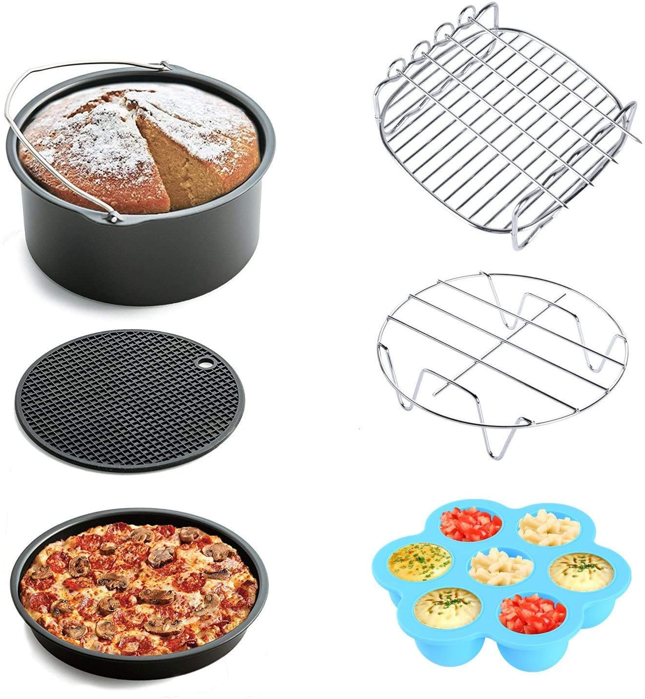 Square Air Fryer Accessories, for Ninja Gowise Phillips Cozyna Cosori XL Air Fryer Accessories, Set of 14 for 4.5/5.5/5.8/6.5 QT with Recipe Cookbook, Rust Proof 8'' Square Cake Barrel, Pizza Pan, 8''