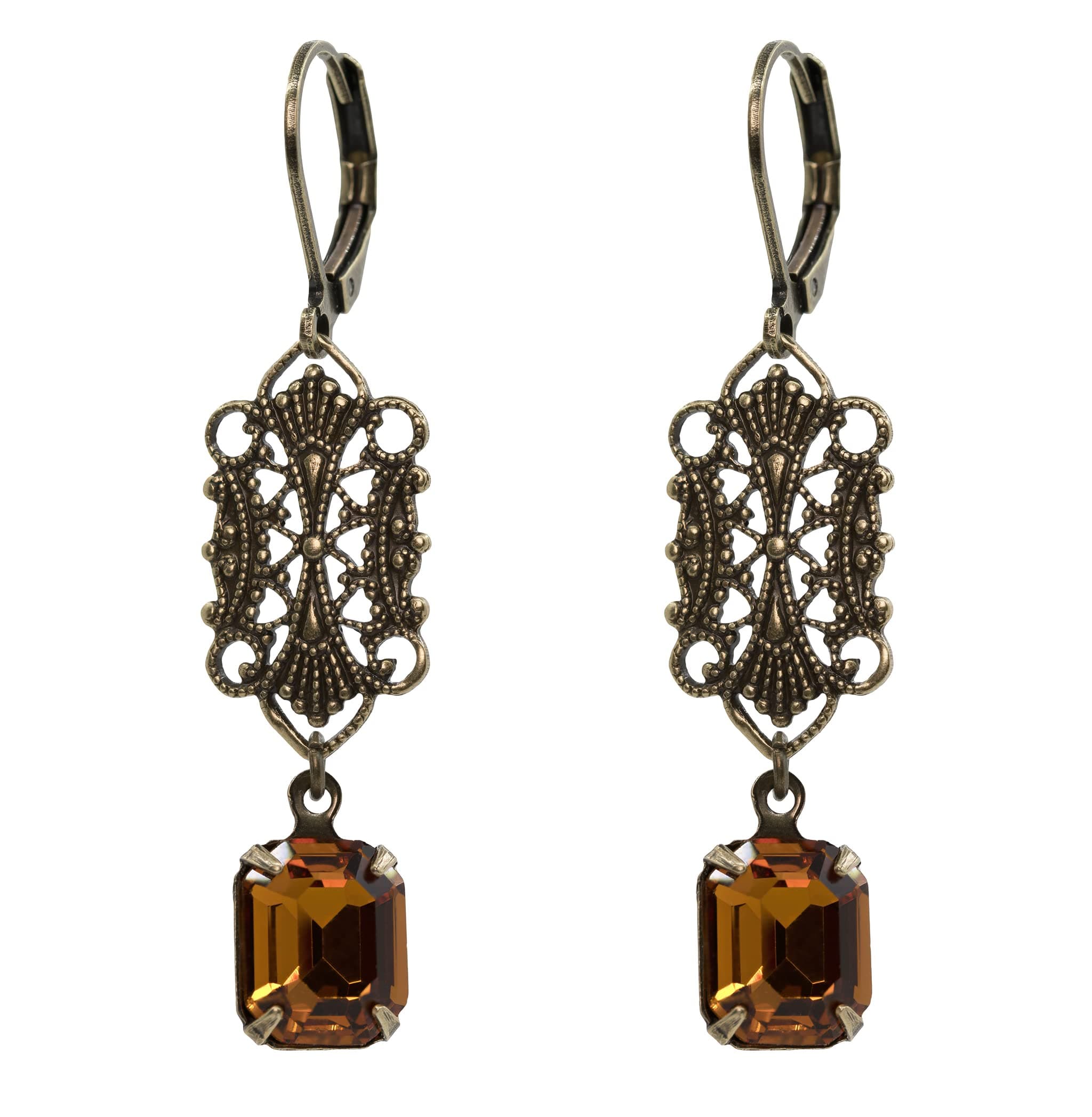 Art Deco, Edwardian Syle Earrings with Amber Colour Crystal Element Stones