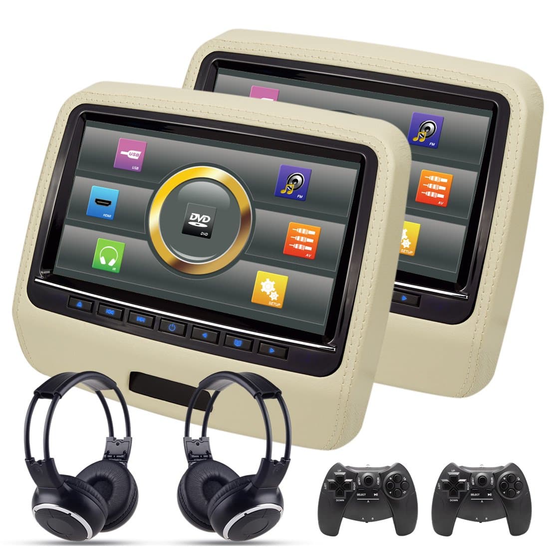 AUTOWINGS A-H9004Y Car Headrest DVD Player 9 inch Capacitive Touch Screen Leather with USB HDMI FM Transmitter Game Disc Remote IR Headphone Beige Pack of 2