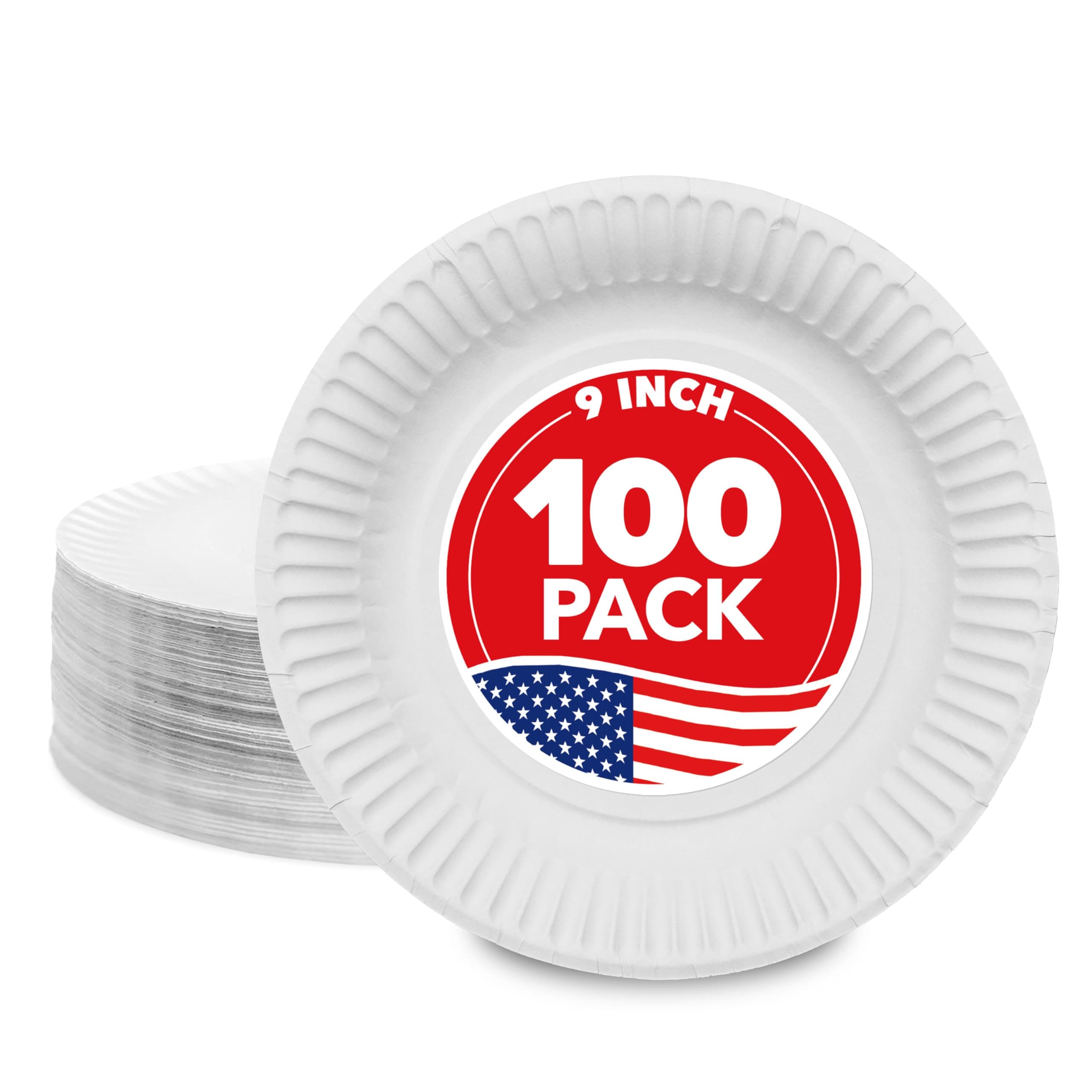 9-Inch Paper Plates Uncoated, Everyday Disposable Plates 9" Paper Plate Bulk, White, 100 Count