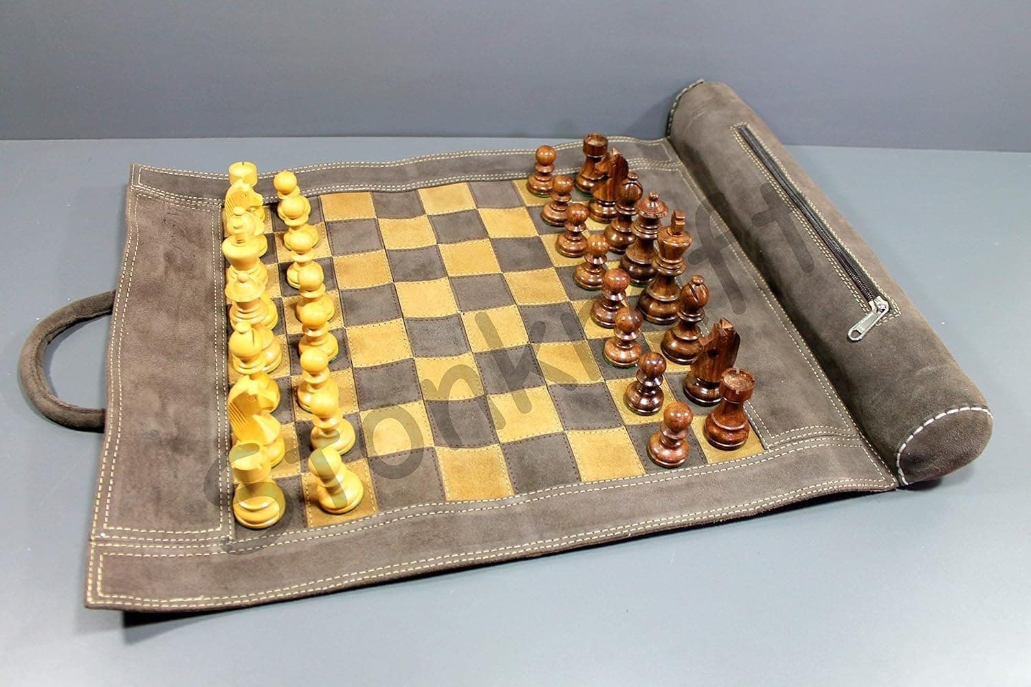 StonKraft 19" X 15" (Chess Board Size 12" X 12") Genuine Roll-Up Leather Chess Set - With Wooden Chess Pieces - Colour | Comes With A Innovative Carry Pouch (Grey)