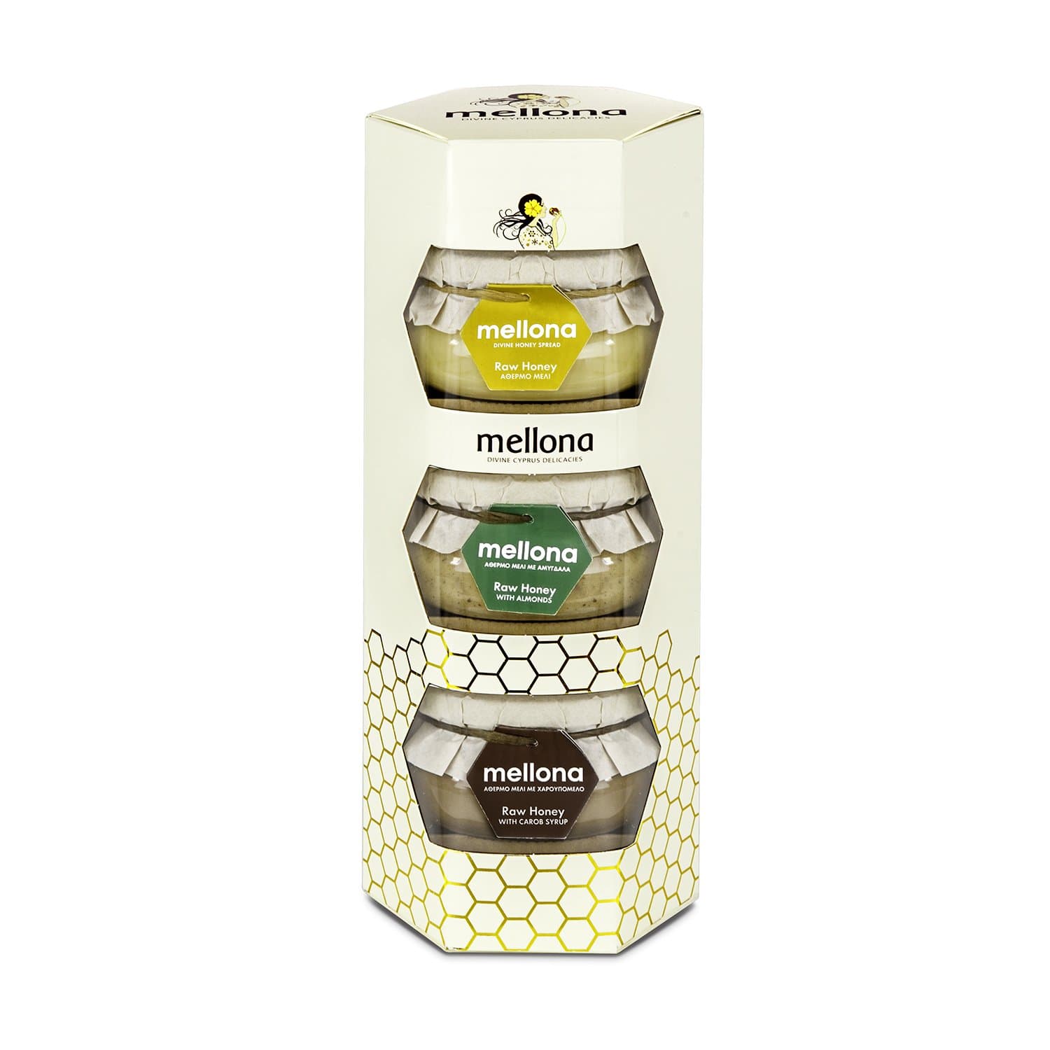 Mellona 100% Pure, Raw & Unique Natural Honey Gift Set from Cyprus - Original (250g), Almond (230g) & Carob (250g) - Un-Processed