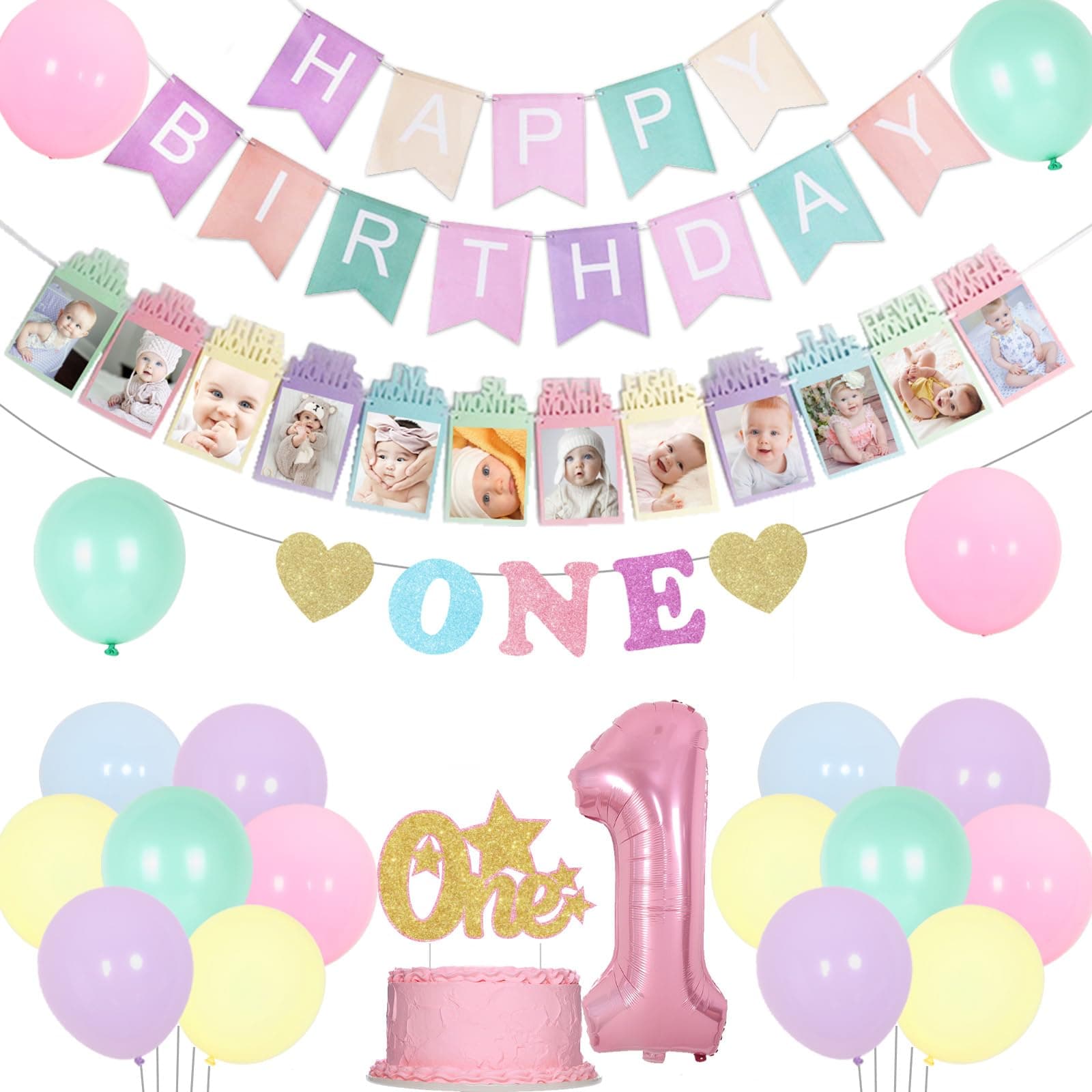 1st Birthday Decorations for Pastel, Macaron Party Decorations Happy Birthday Banner High Chair and Photo Banner 1 Foil Balloon Cake Topper for First Rainbow Bday Party Supplies