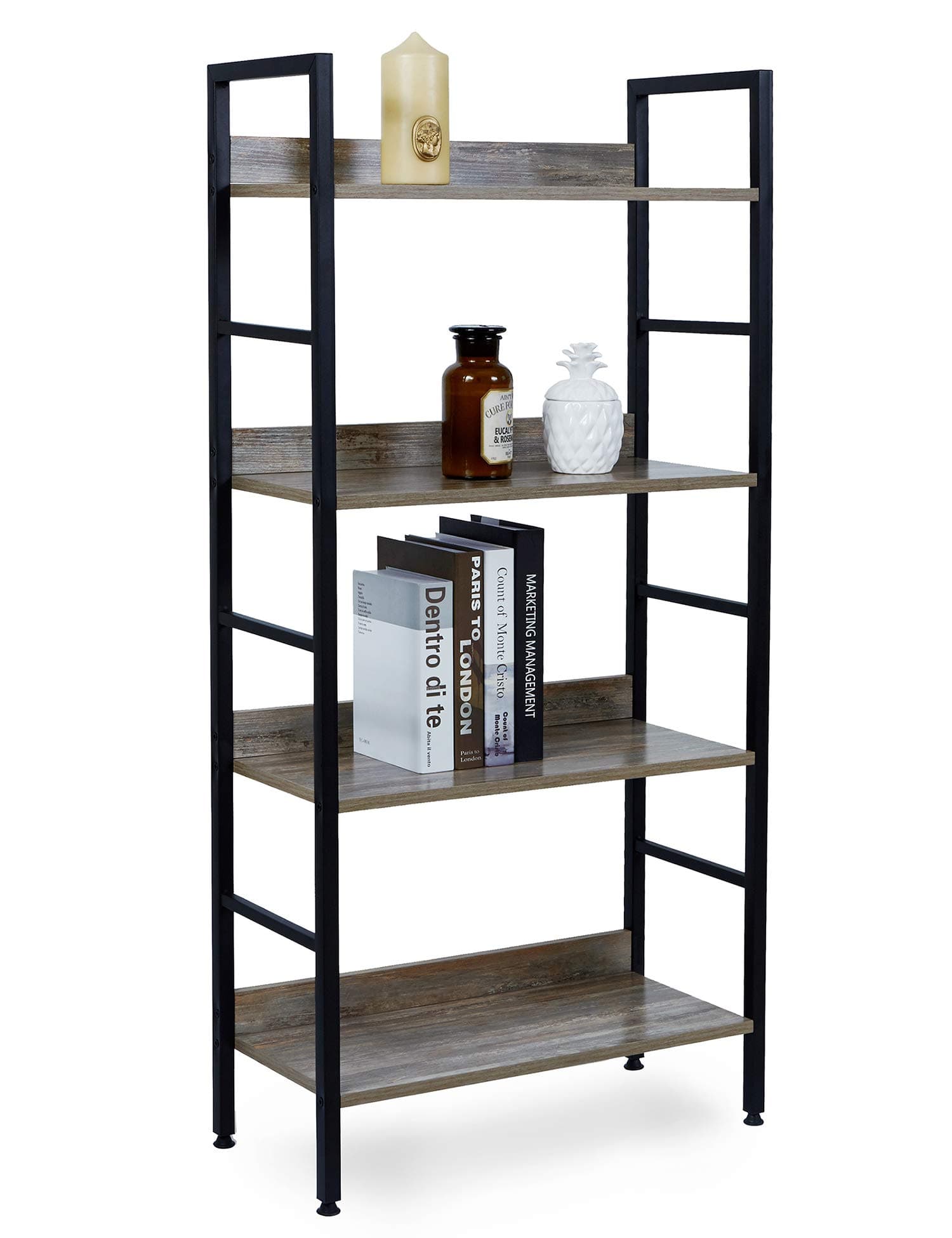 Suhu Vintage Bookshelf Shoe Shelve Leaning Rack Shelves Standing Metal Shelving Unit Industrial Wooden Storage Plant Display Shelf for Kitchen Office Bedroom Living Room Hallway 4 Tiers Steel Black