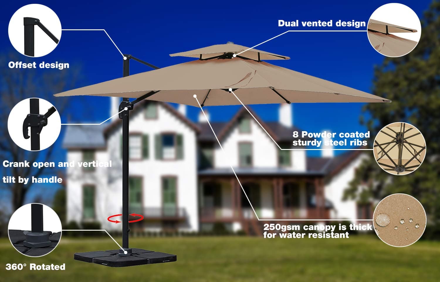 10 by 10-Feet Offset Cantilever Umbrella, 360° Rotated Outdoor Patio Umbrella with Dual Vented Canopy for Garden, Backyard with Cross Base, 250gsm Square Canopy, Tan
