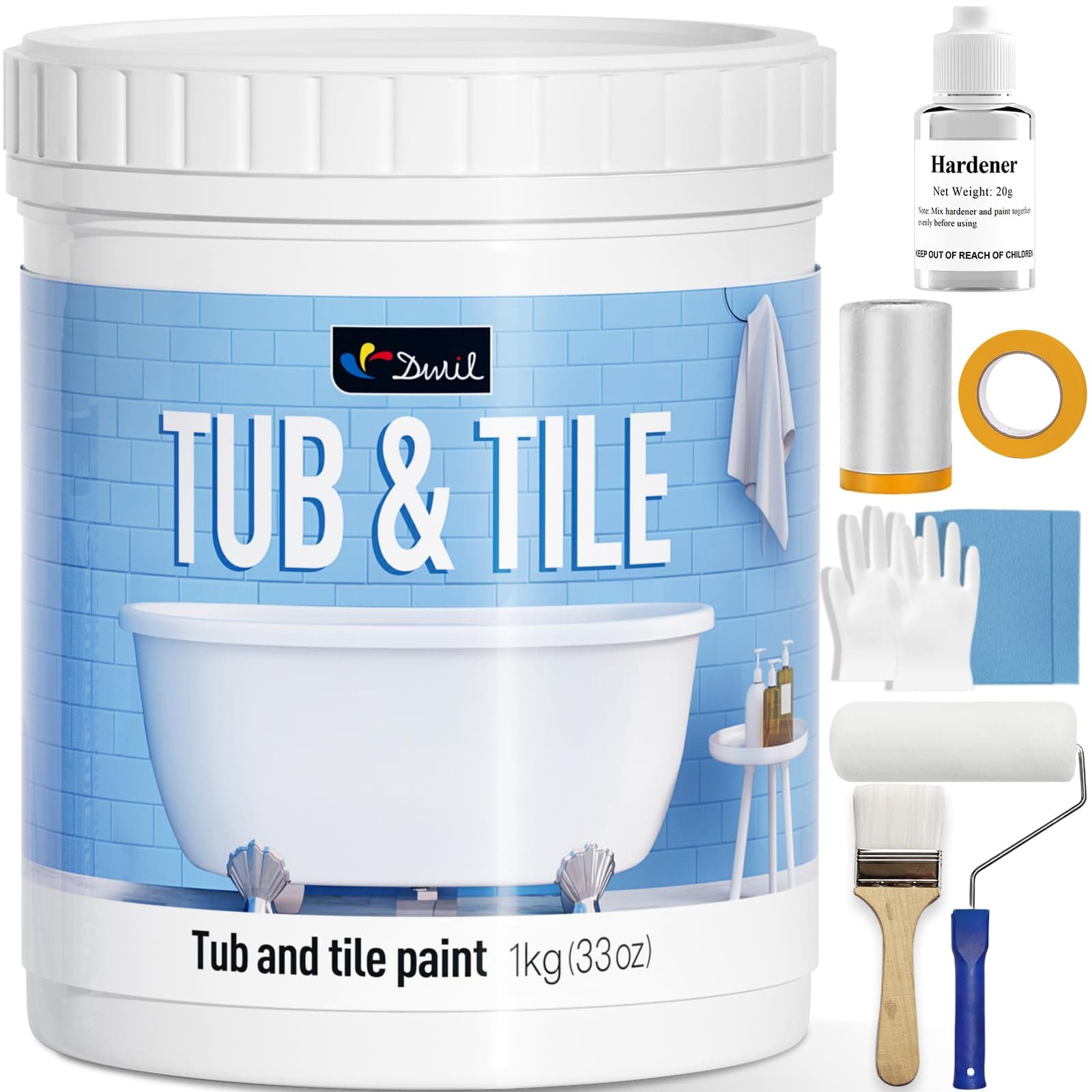 DWIL Tub and Tile Refinishing Kit, Quick-Dry Tile Paint for Wall & Floor, Sink Bathtub Paint for Bathroom, Kitchen, Toilets, Water Based, Semi-Gloss White, 50-55sq.ft, 33oz