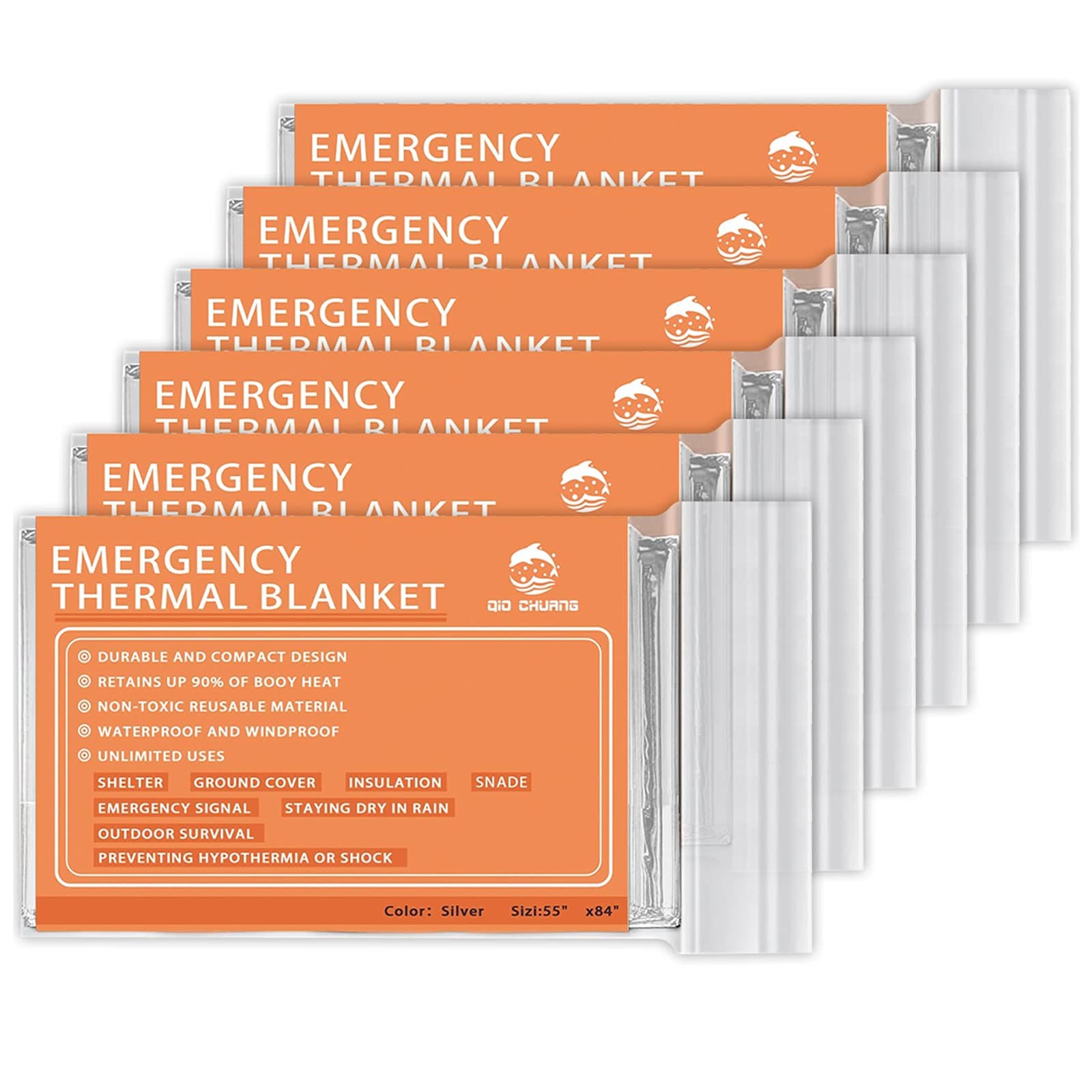QIO CHUANG Emergency Mylar Thermal Blankets -Space Blanket Survival kit Camping Blanket (Pack of 6). Perfect for Outdoors, Hiking, Survival, Bug Out Bag ,Marathons or First Aid