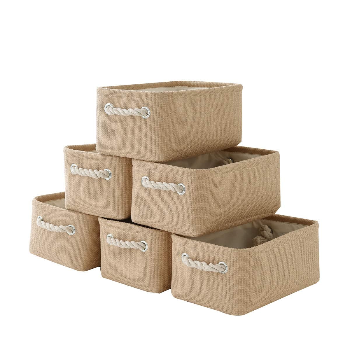 TheWarmHomeStorage Basket for Organizing - Small 6 Pack 11.8x7.8x5.2 inch Fabric Storage Cubes with Cotton Rope Handle, Collapsible Storage Bins Baby Storage Toy Nursery (Beige)