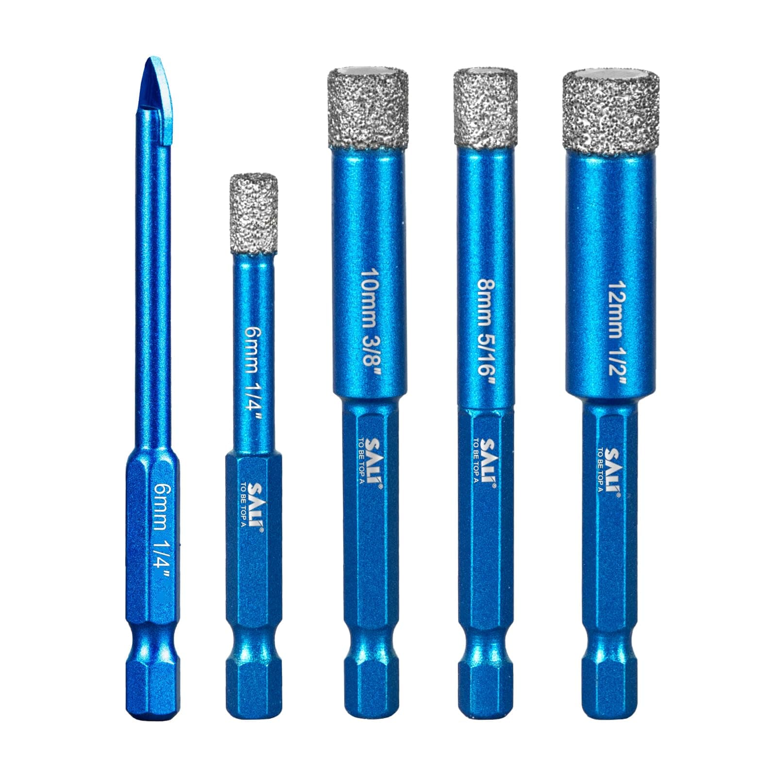 SALI Diamond Core Drill Bits Set 5pcs Tile Hole Saws Vacuum Brazed Hole Saw with 1/4 Inch Hex Shank for Glass Ceramic Porcelain Tiles Marble Brick Granite Quartz Fit Angle Grinders and Drill